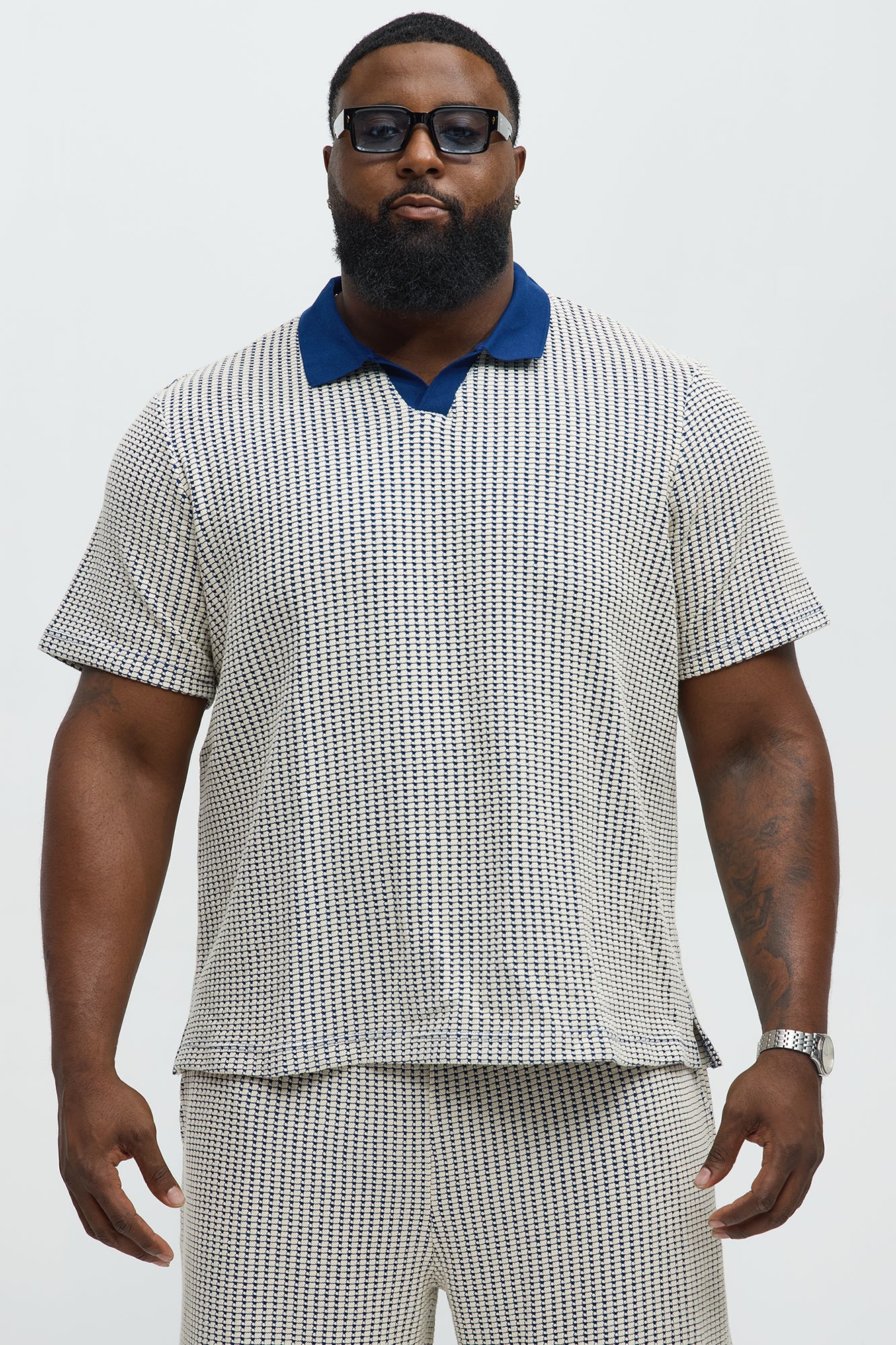 Devin Crochet Contrast Trim Johnny Collar Polo - Blue/combo - Image 4