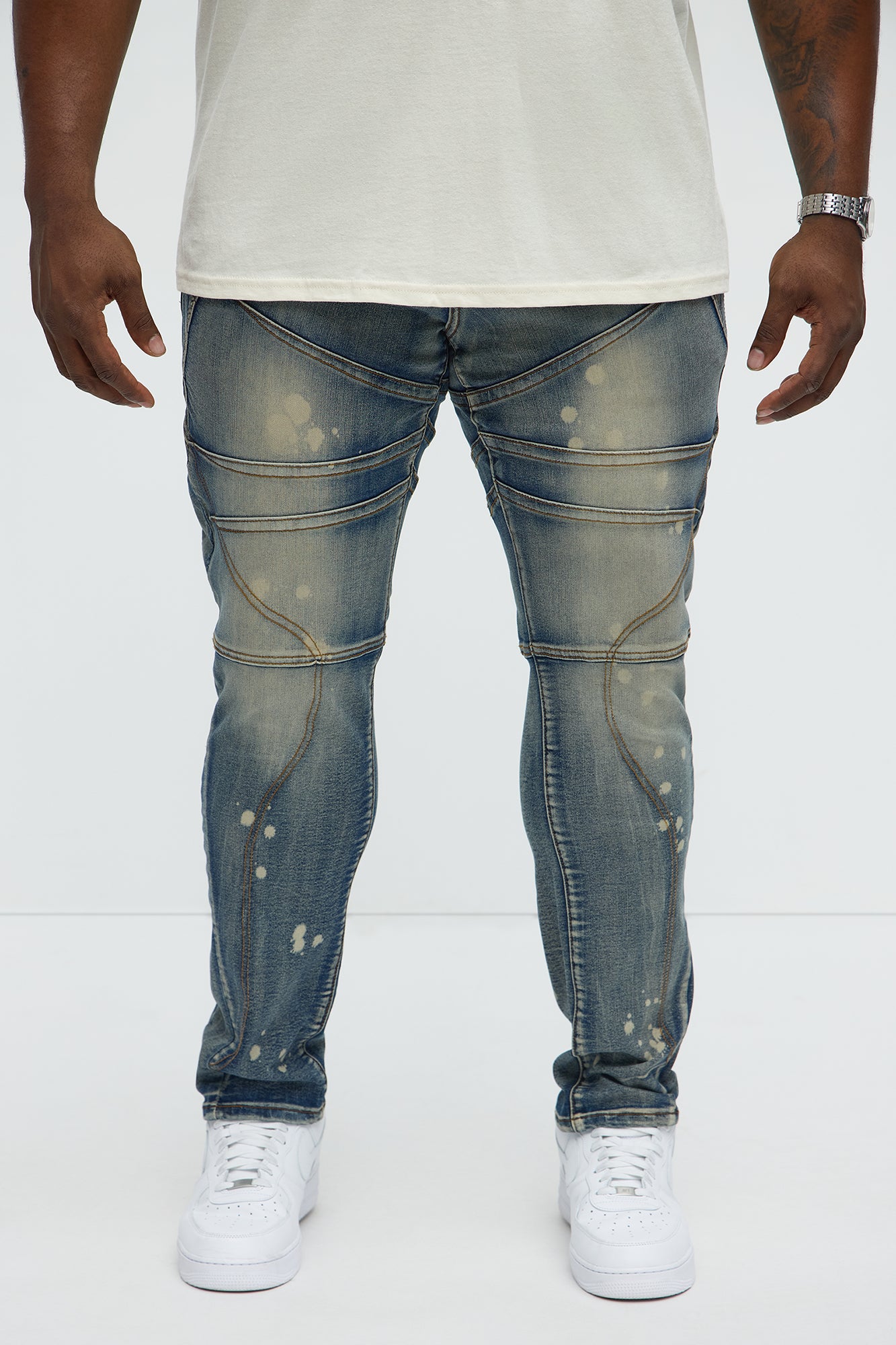 Skinny Ramped Up Panel Bleach Spot Jeans - Dark Wash - Image 5