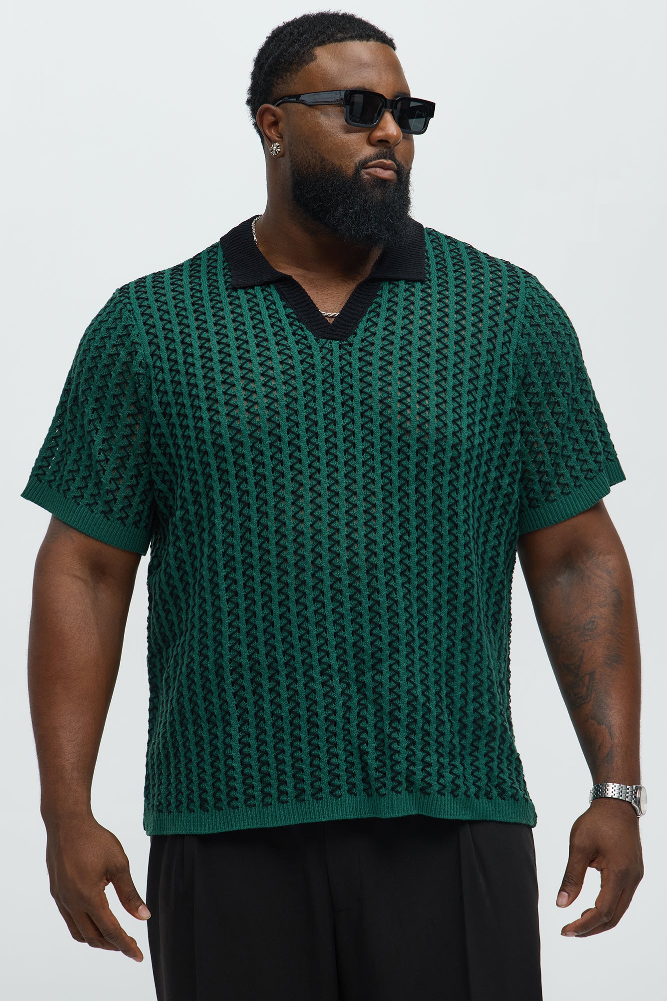 Camden Zig Zag Crochet Johnny Collar Polo - Green/combo - Image 5