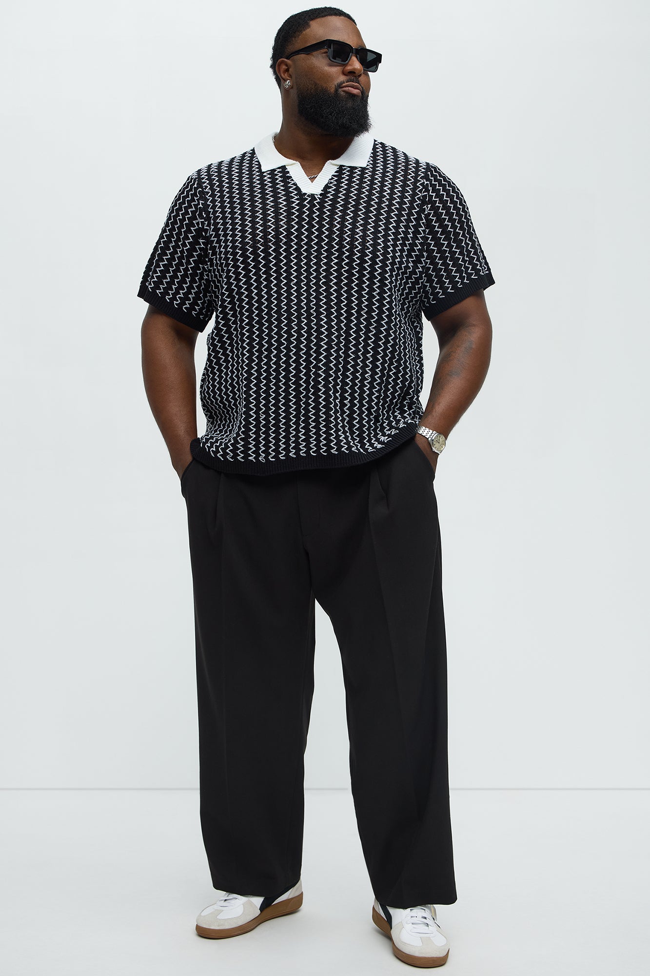 Camden Zig Zag Crochet Johnny Collar Polo - Black/combo - Image 6