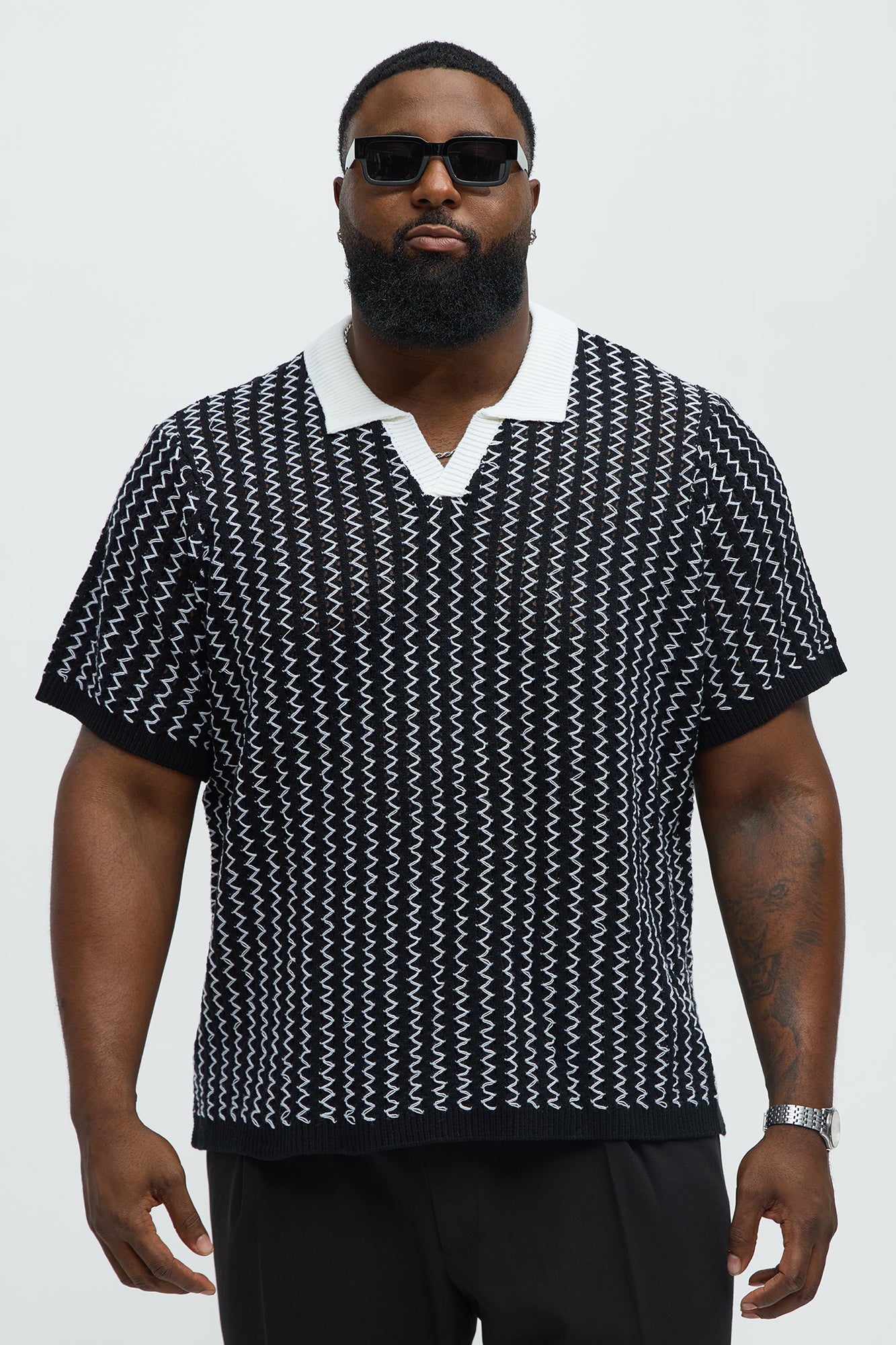 Camden Zig Zag Crochet Johnny Collar Polo - Black/combo - Image 5
