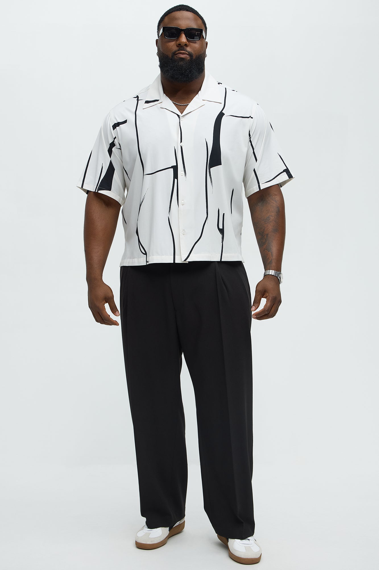 Mosiac Cropped Button Up Shirt - White/Black - Image 6