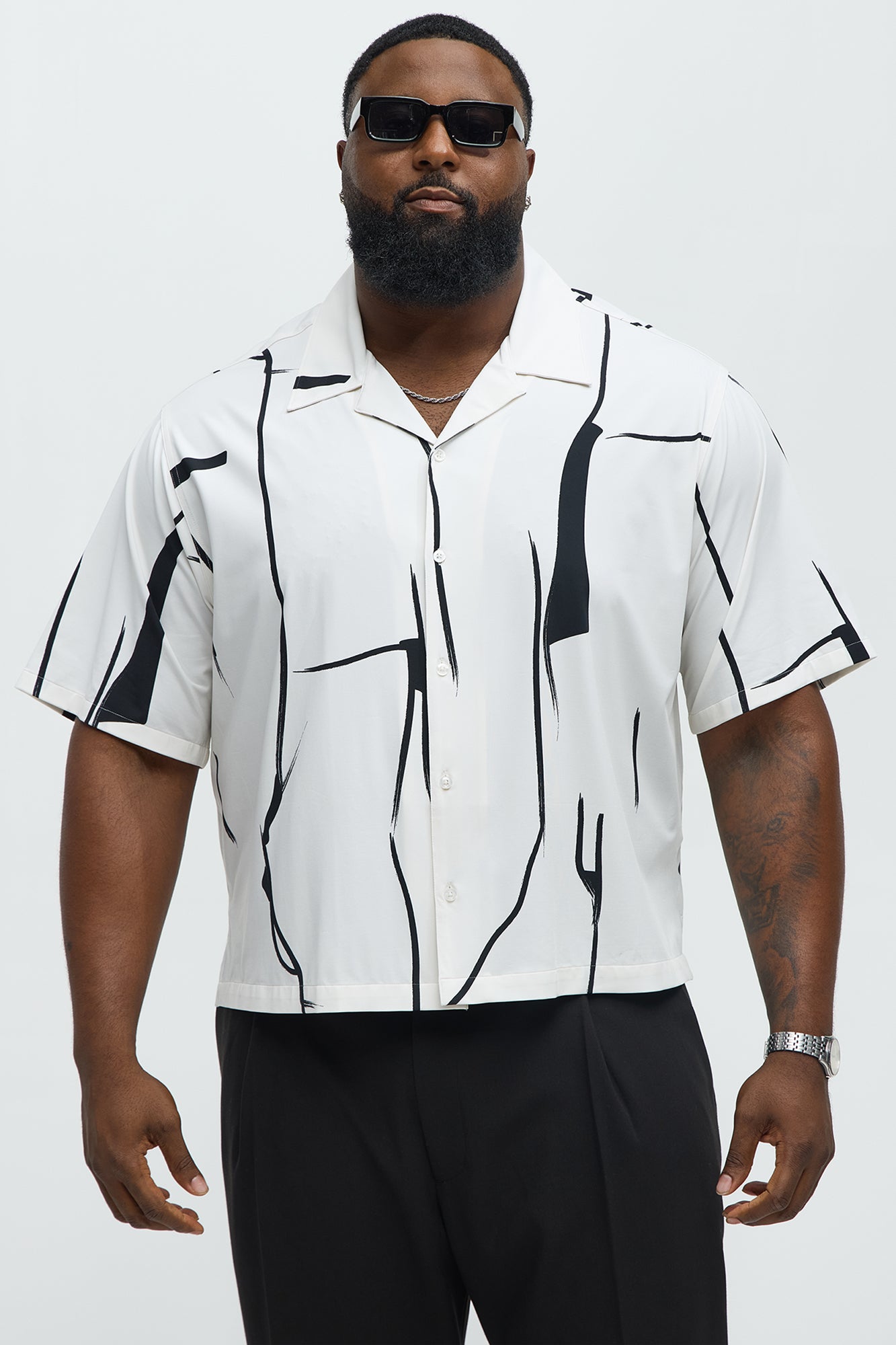 Mosiac Cropped Button Up Shirt - White/Black - Image 5
