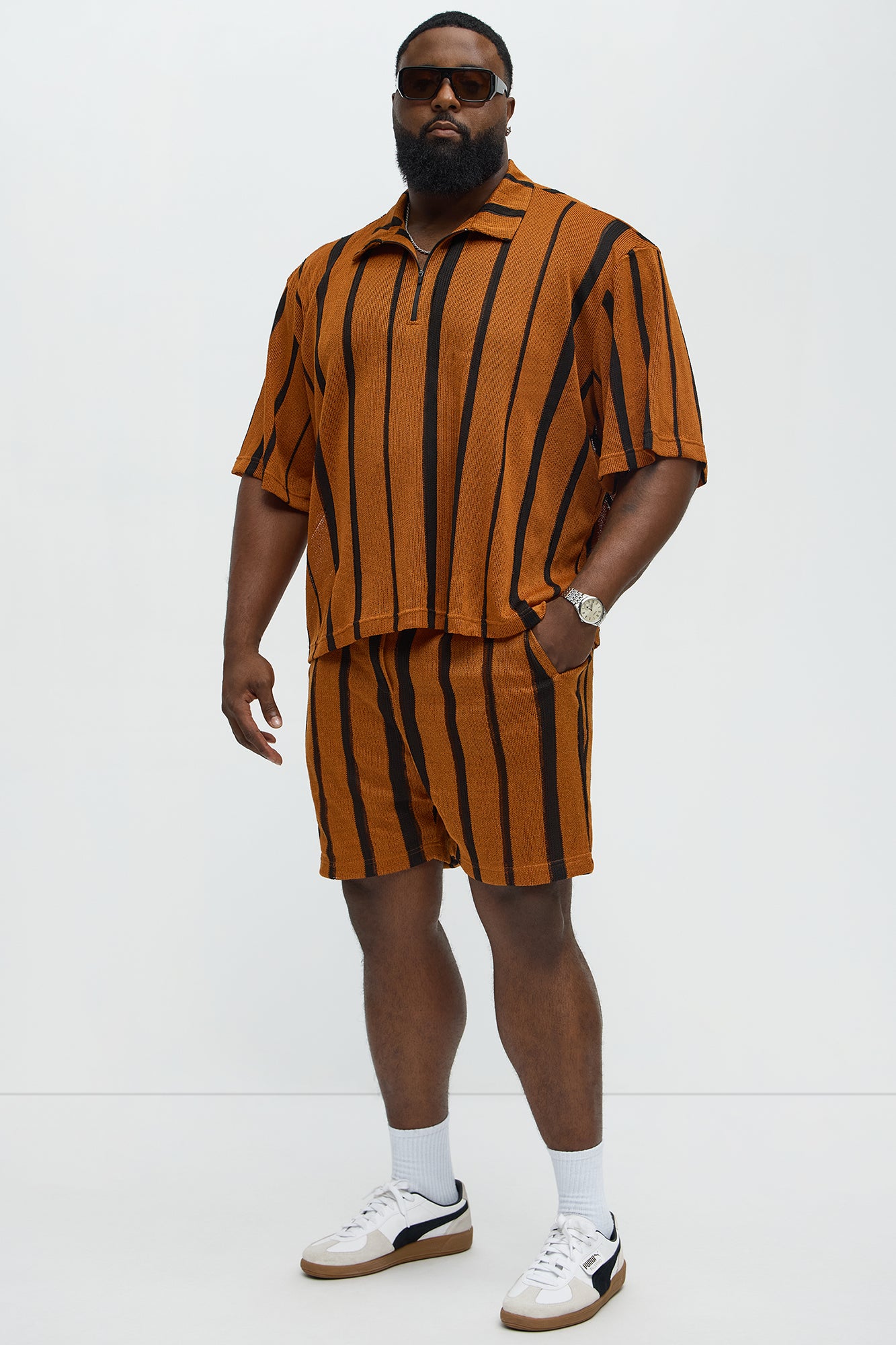 Open Knit Striped Textured Relaxed Short - Brown - Image 6