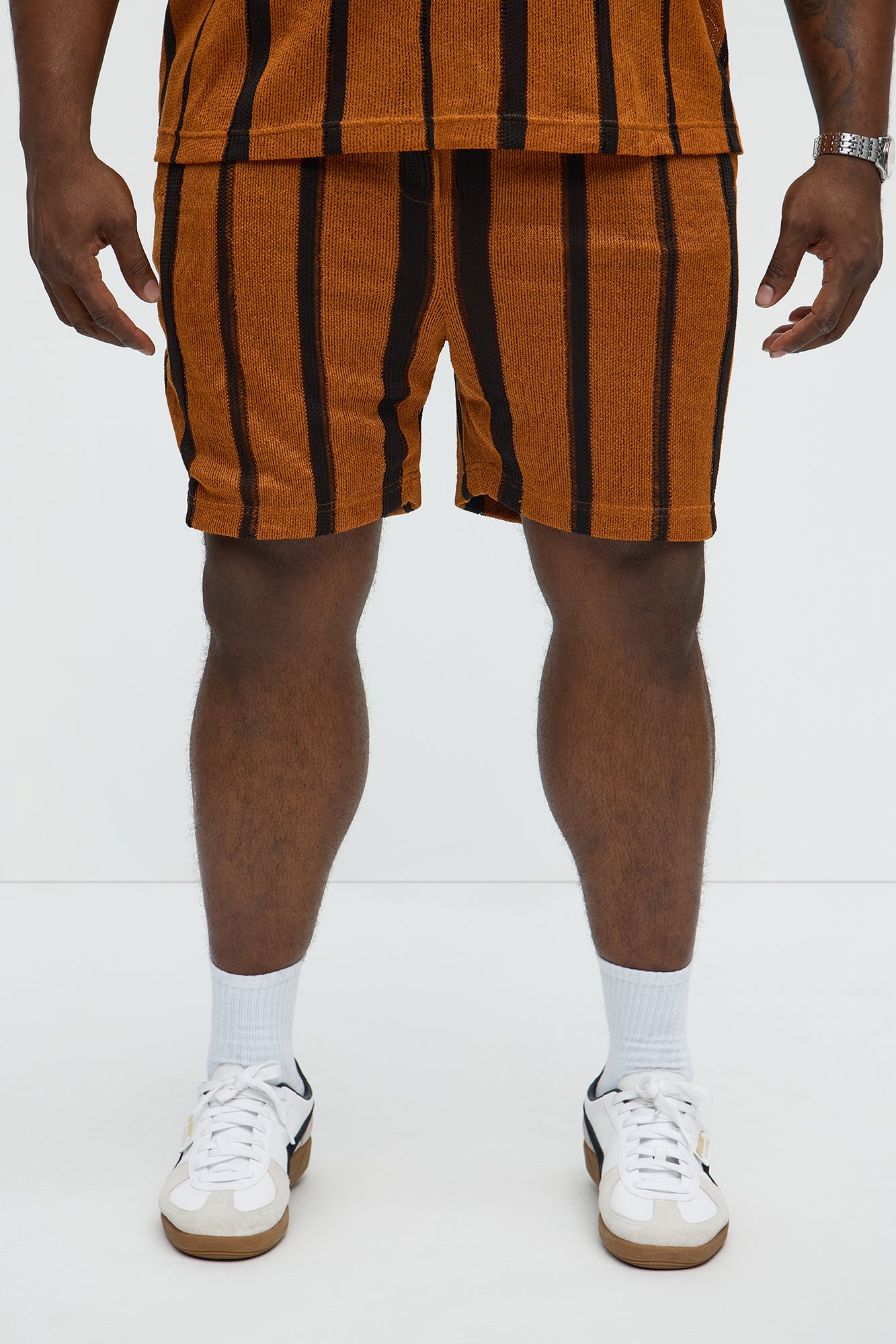 Open Knit Striped Textured Relaxed Short - Brown - Image 5