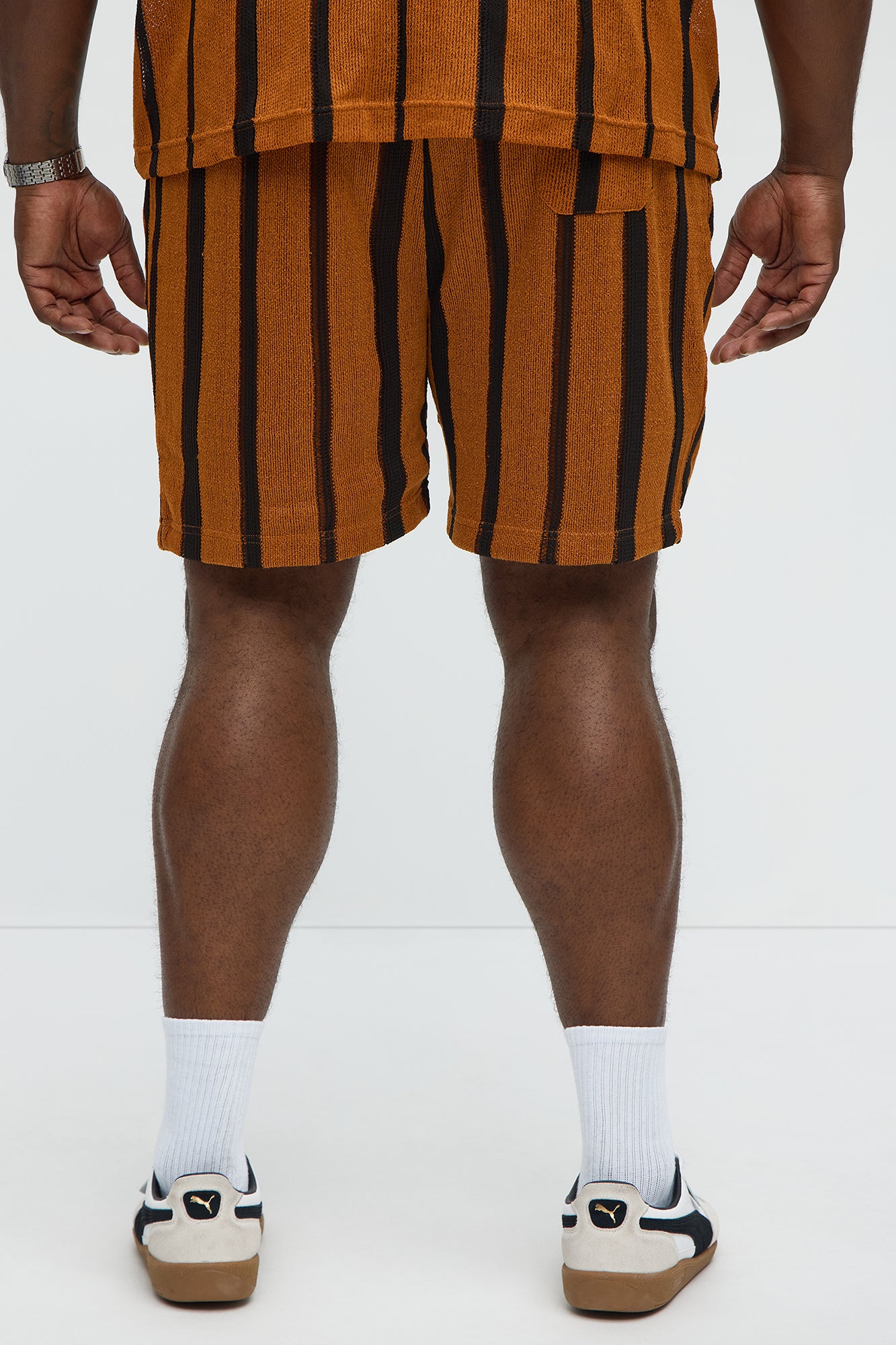 Open Knit Striped Textured Relaxed Short - Brown - Image 8