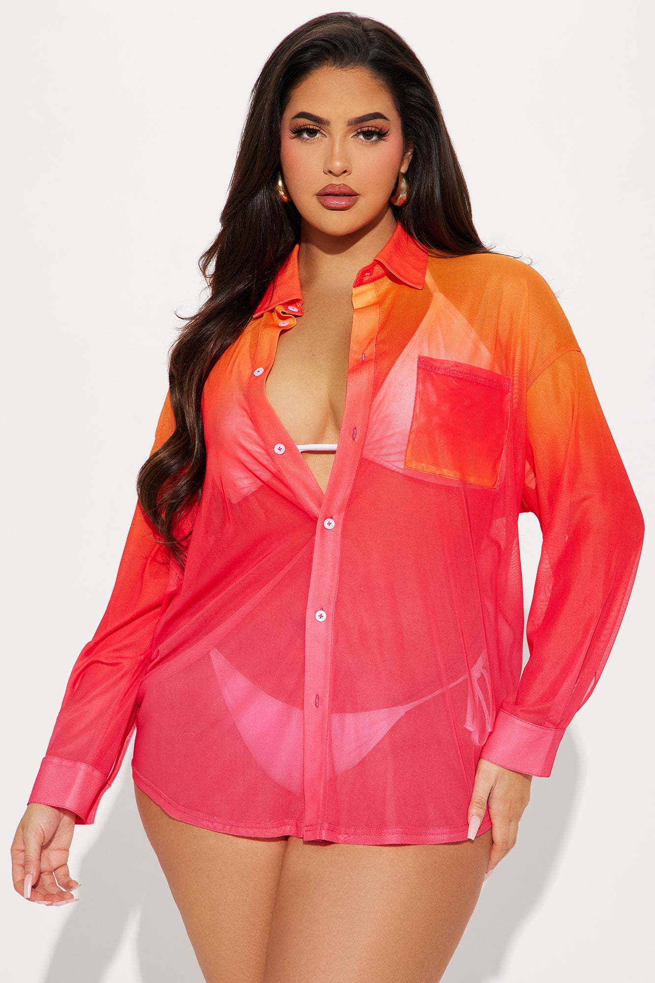 Normani Ombre Swim Cover Up Shirt - Red/combo - Image 5