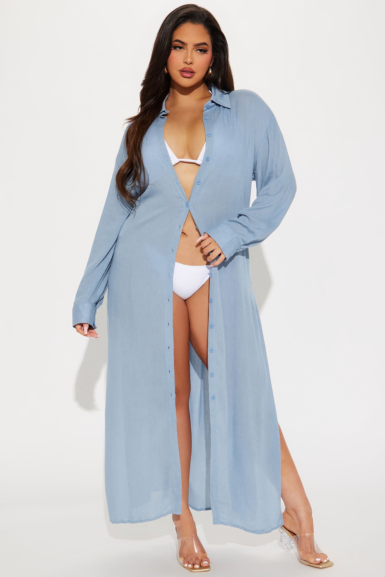 Breezy Nights Linen Swim Cover Up Kimono - Blue - Image 5