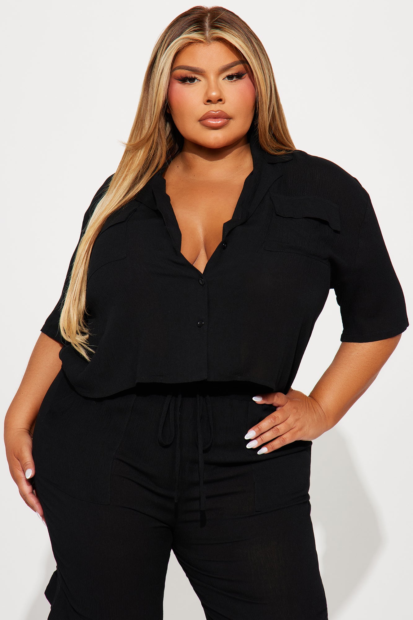 Breezy Paradise Linen Cover Up Cargo Pants Set - Black - Image 5