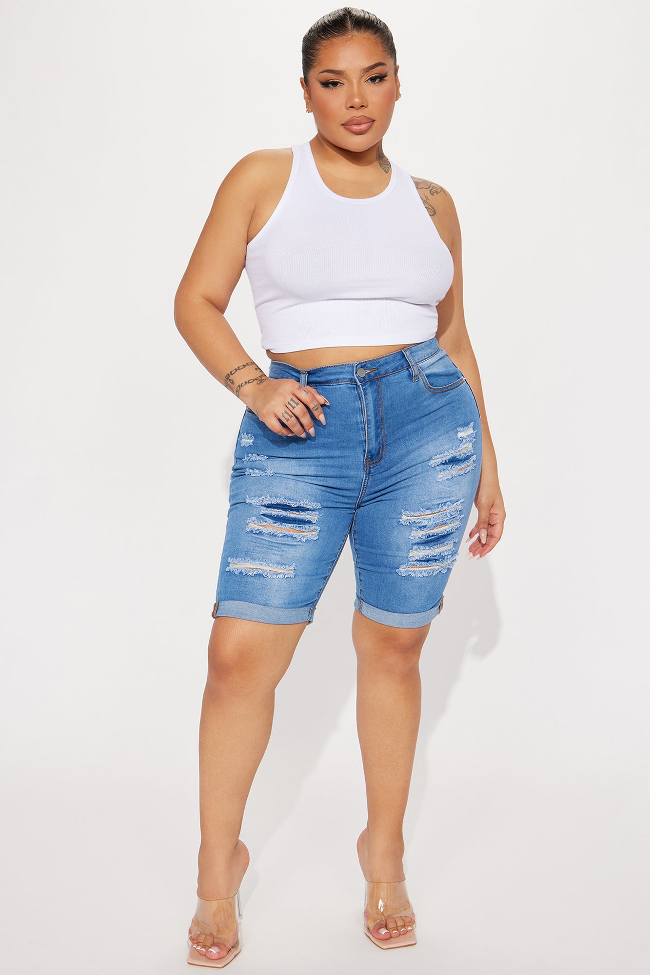 Acting Nice Stretch  Denim Bermuda Shorts - Medium Wash - Image 5