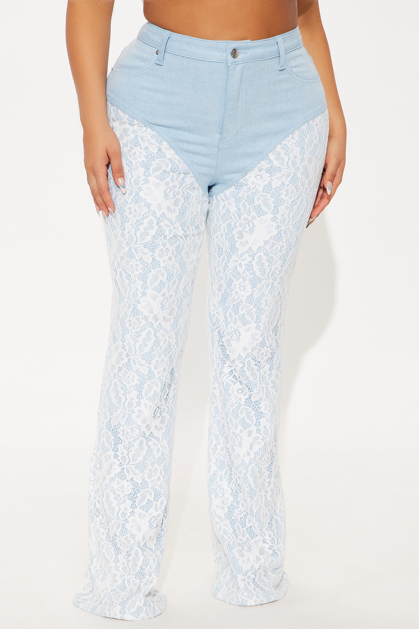 Making Big Plans Stretch Lace Detail Flare Jeans - Light Wash - Image 5