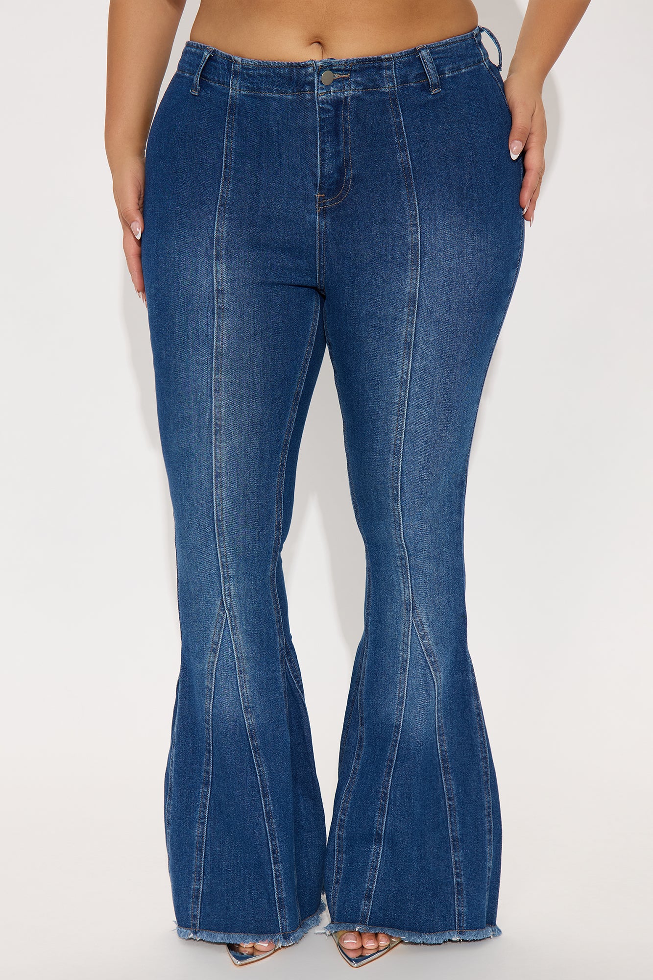 Valley Girl Mid Rise Fray Hem Flare Jeans - Dark Wash - Image 5