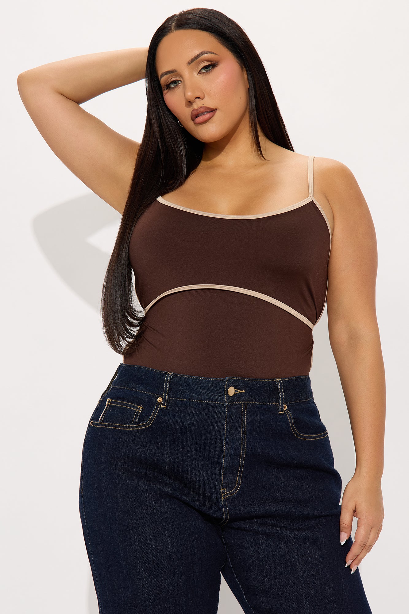 Playful Competition Scoop Neck Contrast Trim Bodysuit - Chocolate - Image 6