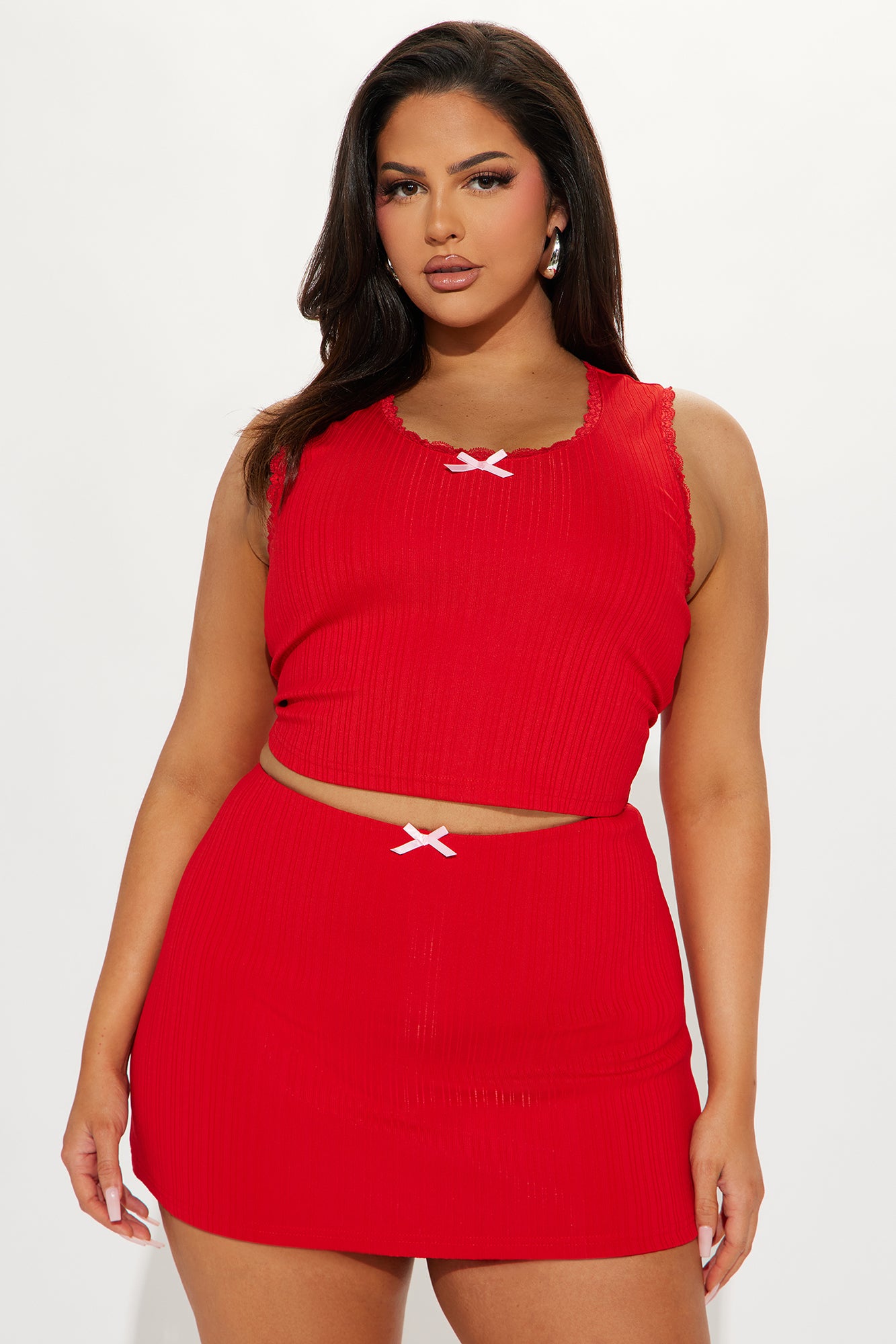 Bow Love Ribbed Skirt Set - Red - Image 8
