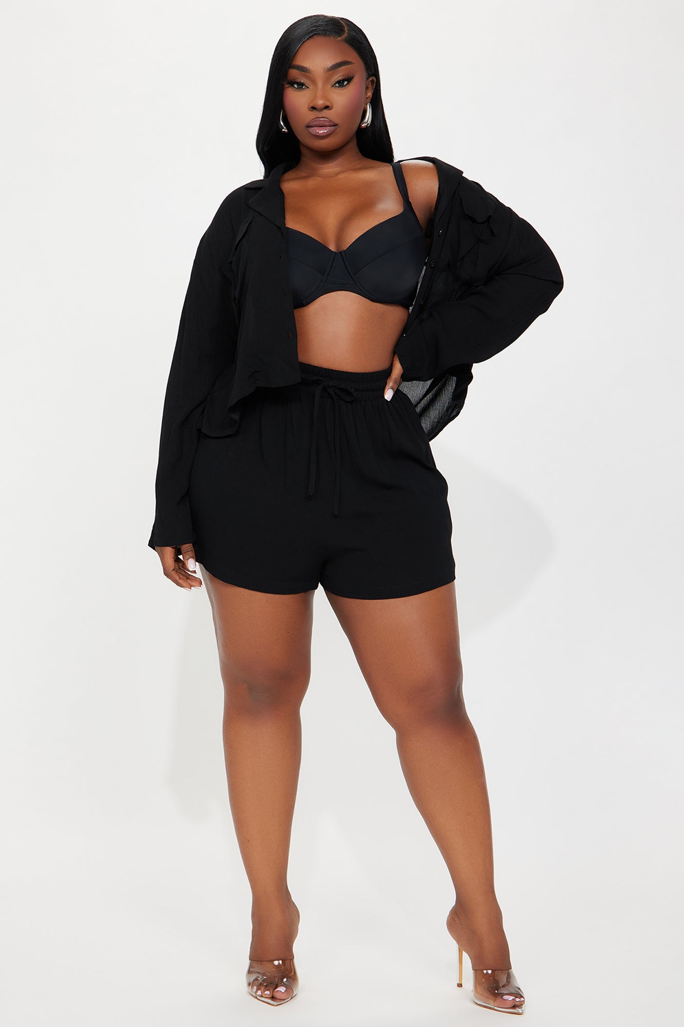 Breezy Paradise Linen Pocket Cover Up Shorts Set - Black - Image 5