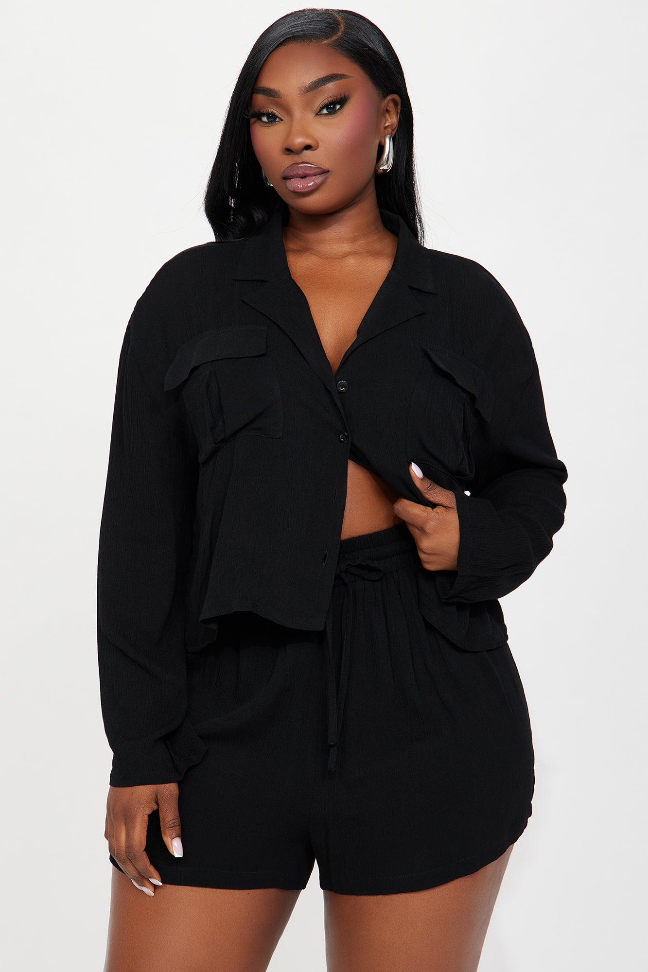Breezy Paradise Linen Pocket Cover Up Shorts Set - Black - Image 6