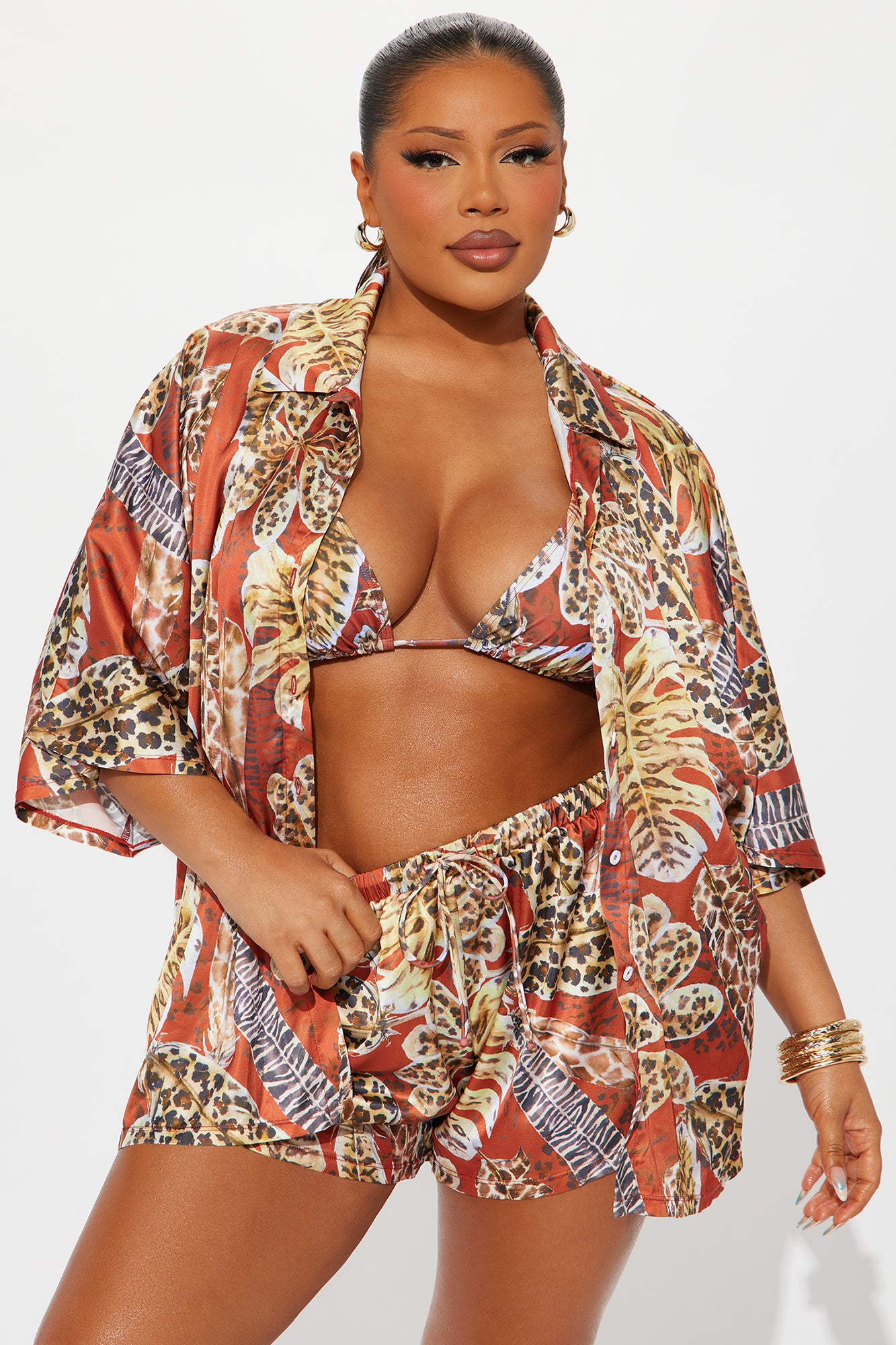 Annalise Tropical 4 Piece Bikini & Shorts Set - Rust/combo - Image 6