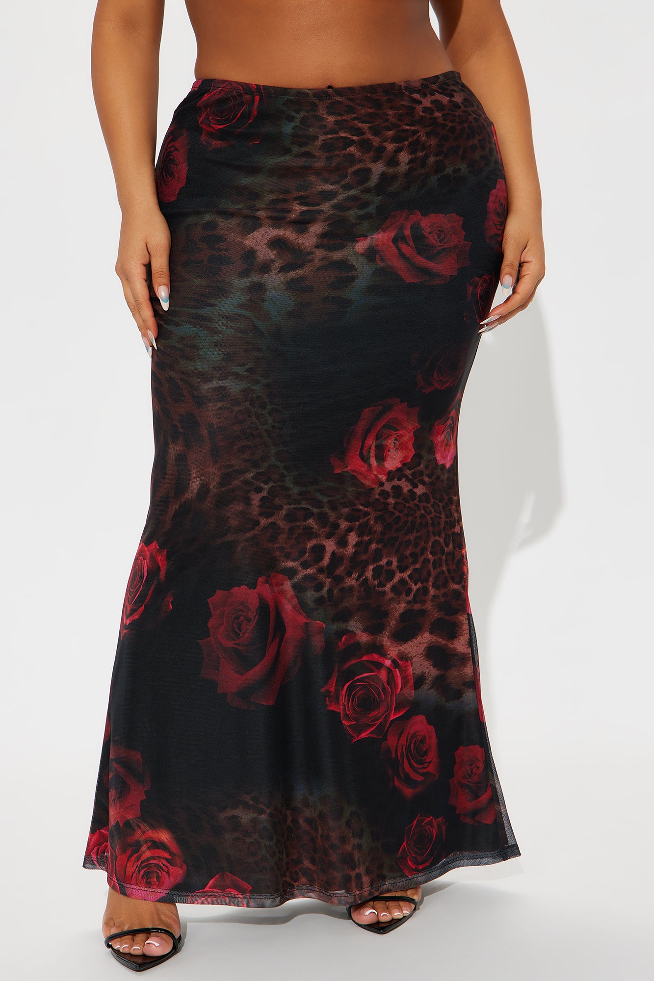 Dark Romantic Leopard Floral Mesh Maxi Skirt - Red/combo - Image 5