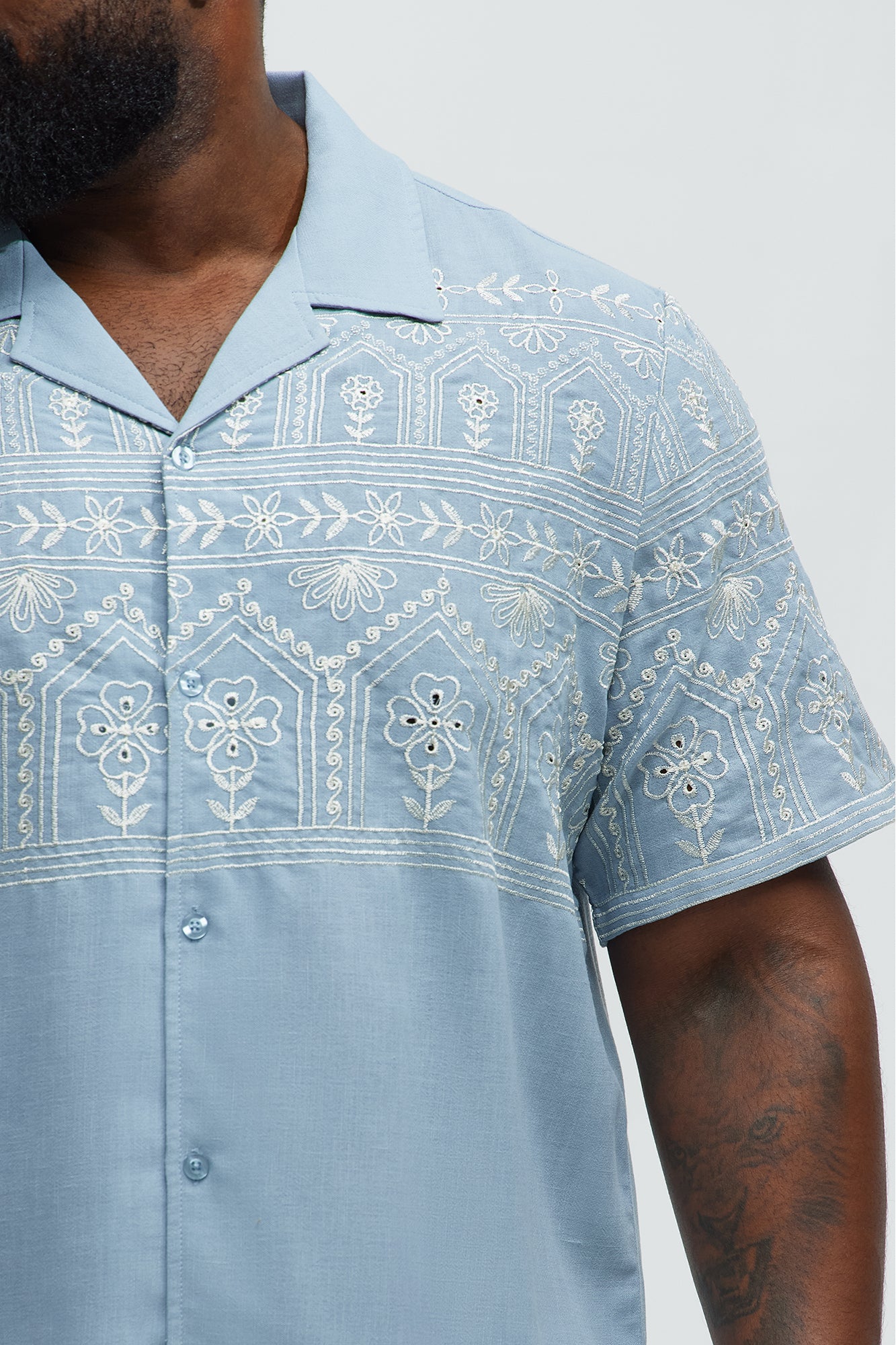 Embroidered Floral Cuban Collar Button Up Shirt - Blue/combo - Image 6