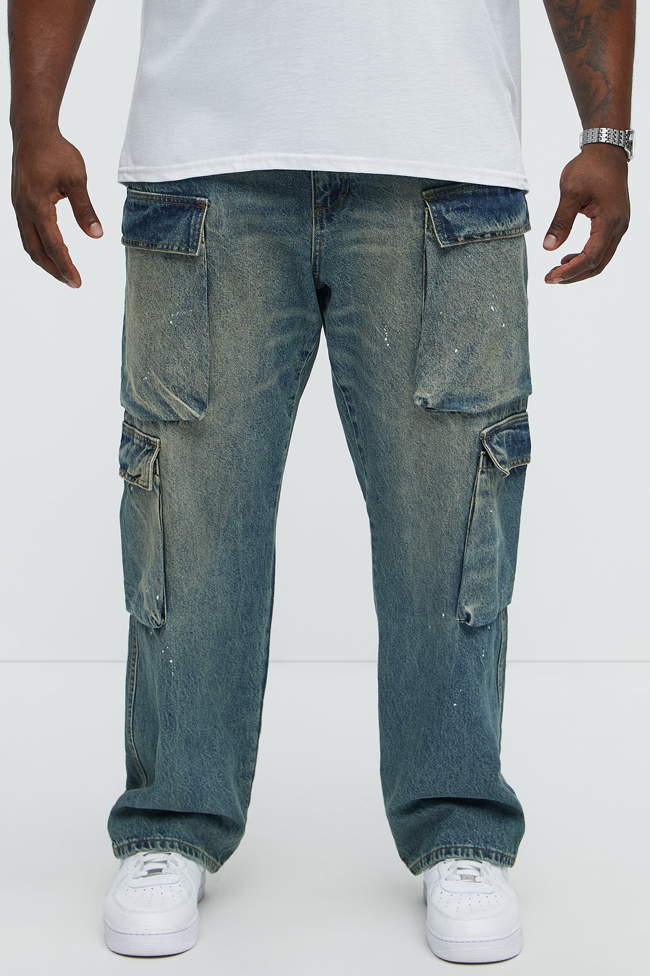 Double Trouble Paint Splatter Straight Cargo Jeans - Vintage Blue Wash - Image 5