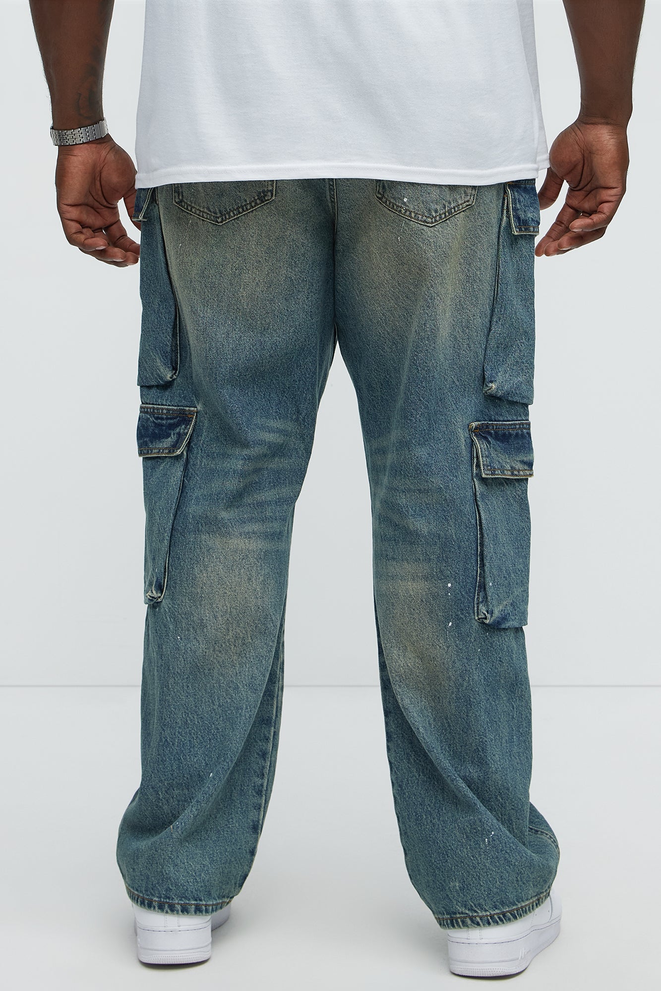 Double Trouble Paint Splatter Straight Cargo Jeans - Vintage Blue Wash - Image 8