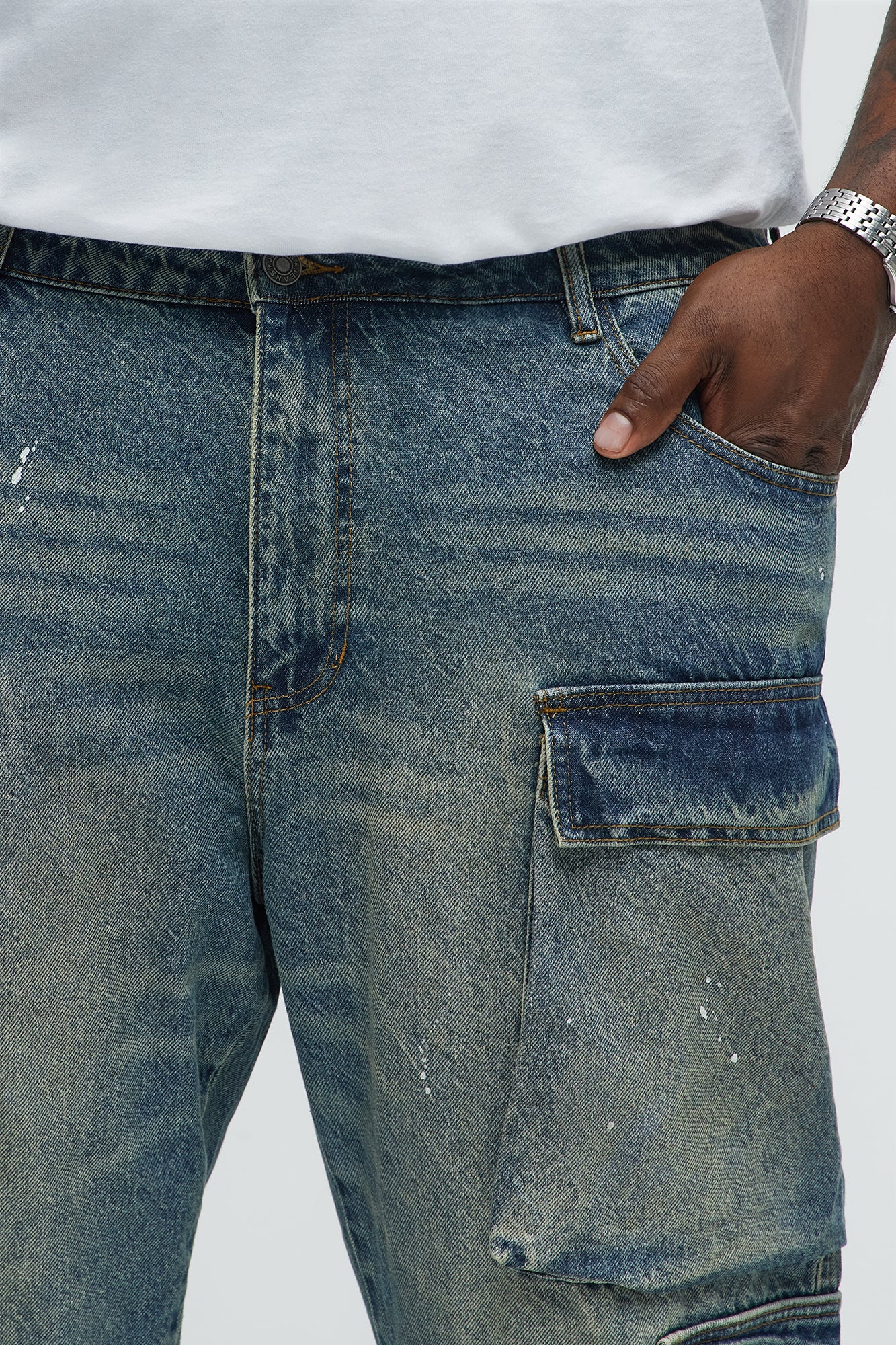 Double Trouble Paint Splatter Straight Cargo Jeans - Vintage Blue Wash - Image 7