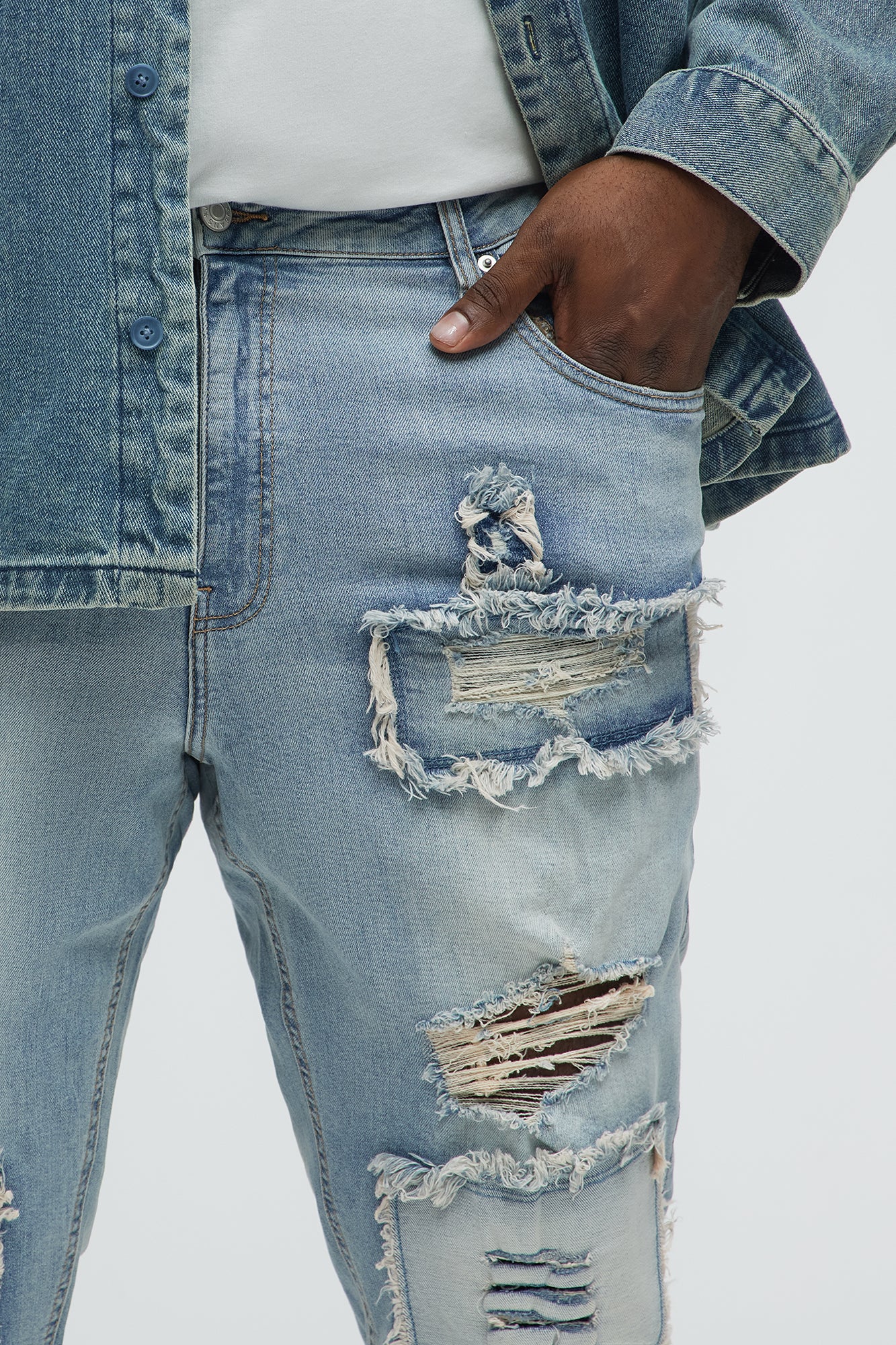 Shredded Patchwork Skinny Jeans - Light Wash - Image 3