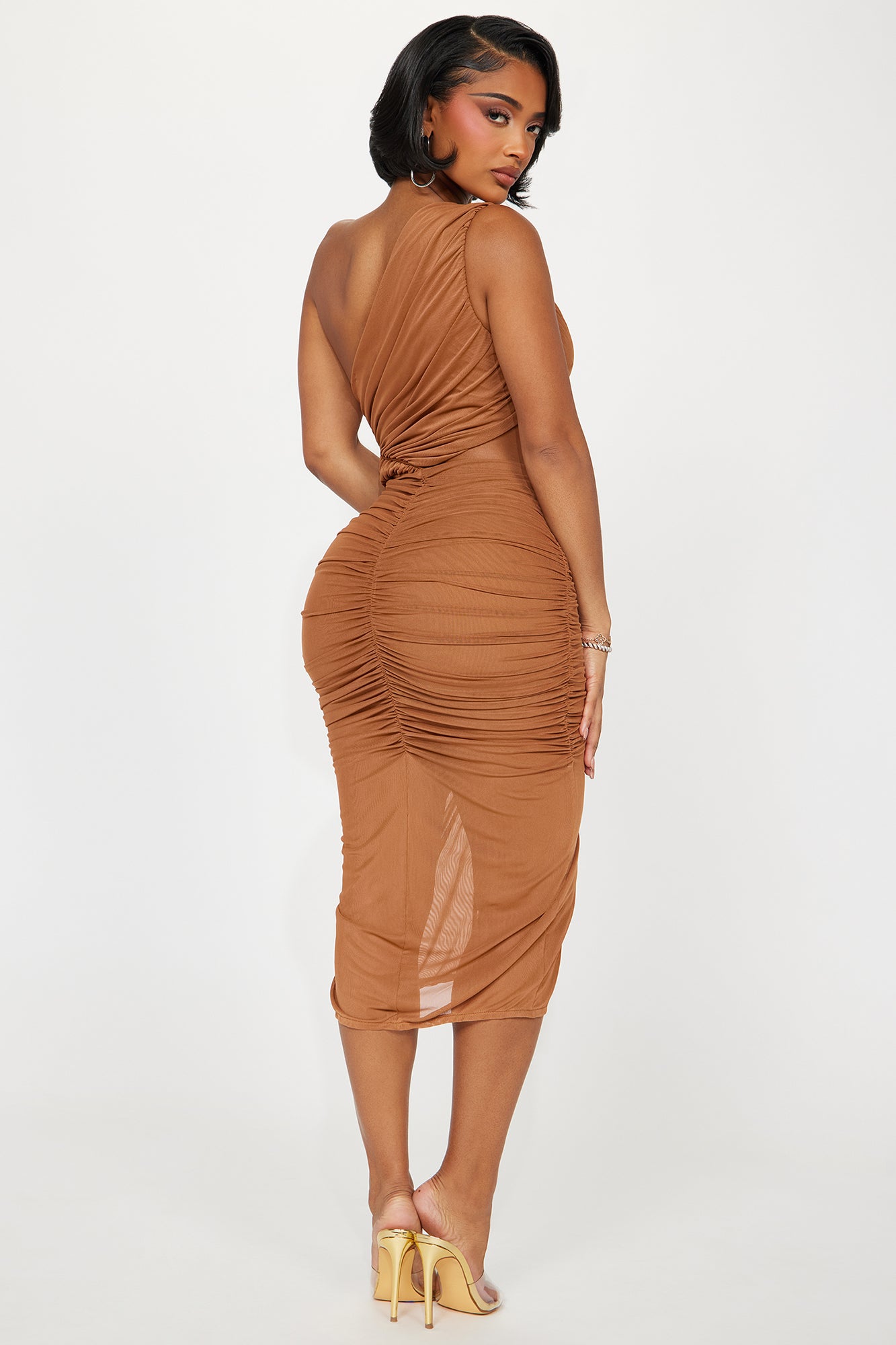 Amber Glow Mesh Midi Dress - Cognac - Image 3
