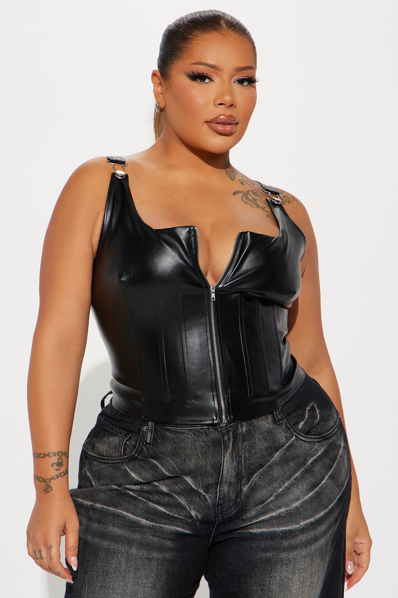 Fast Lane Faux Leather Corset Top - Black - Image 5