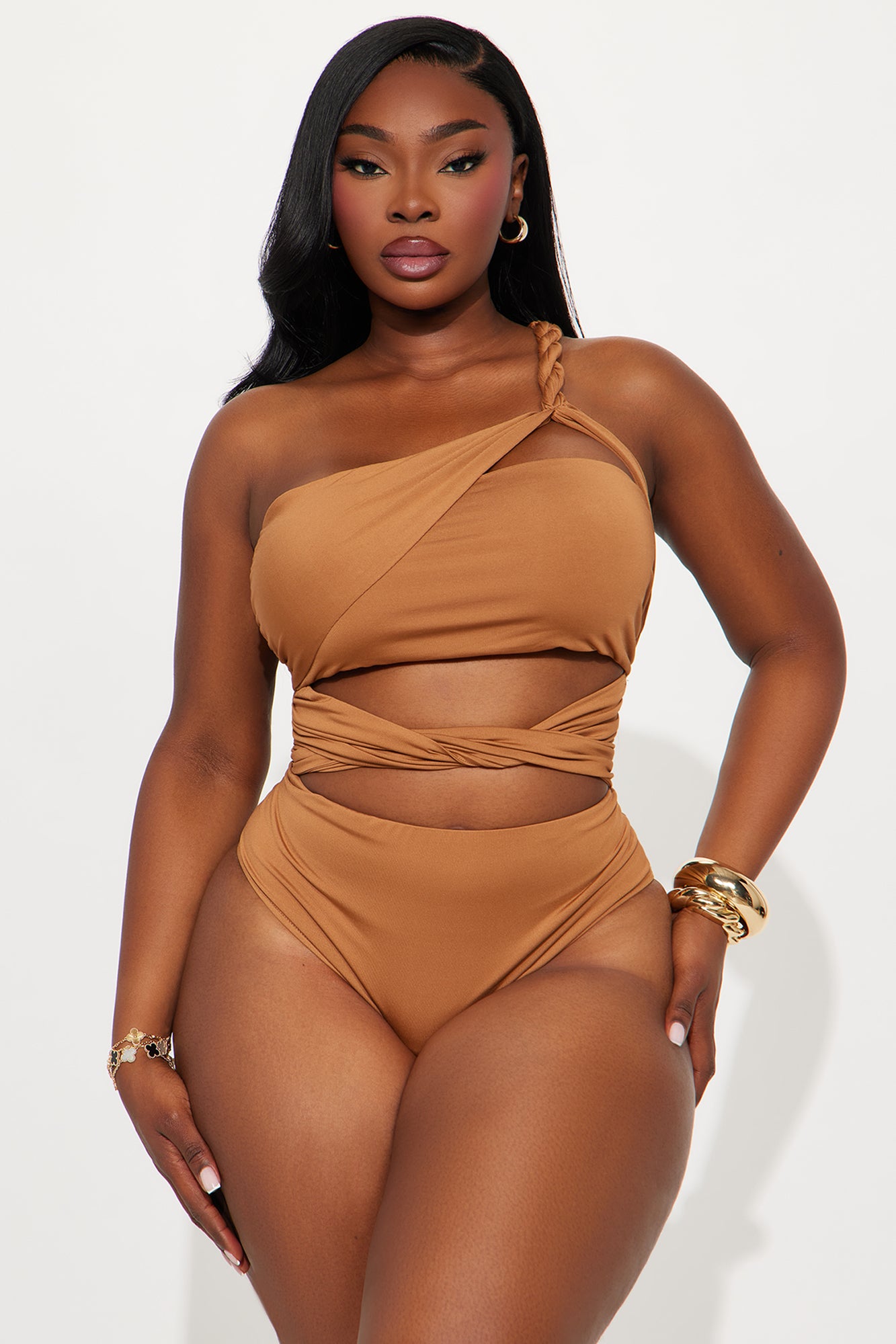 Upbeat One Shoulder Twist Bodysuit - Mocha - Image 5