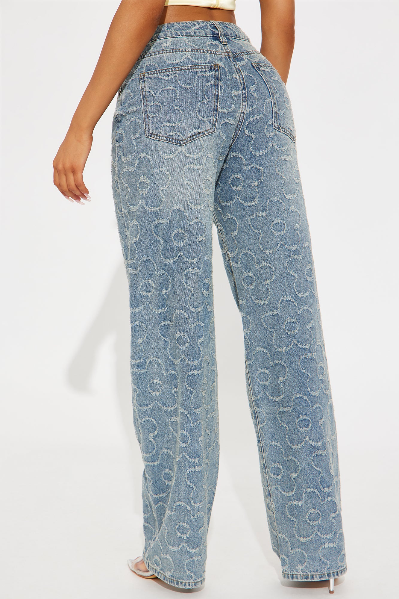 Flower Power Jacquard Wide Leg Jeans - Medium Wash - Image 3