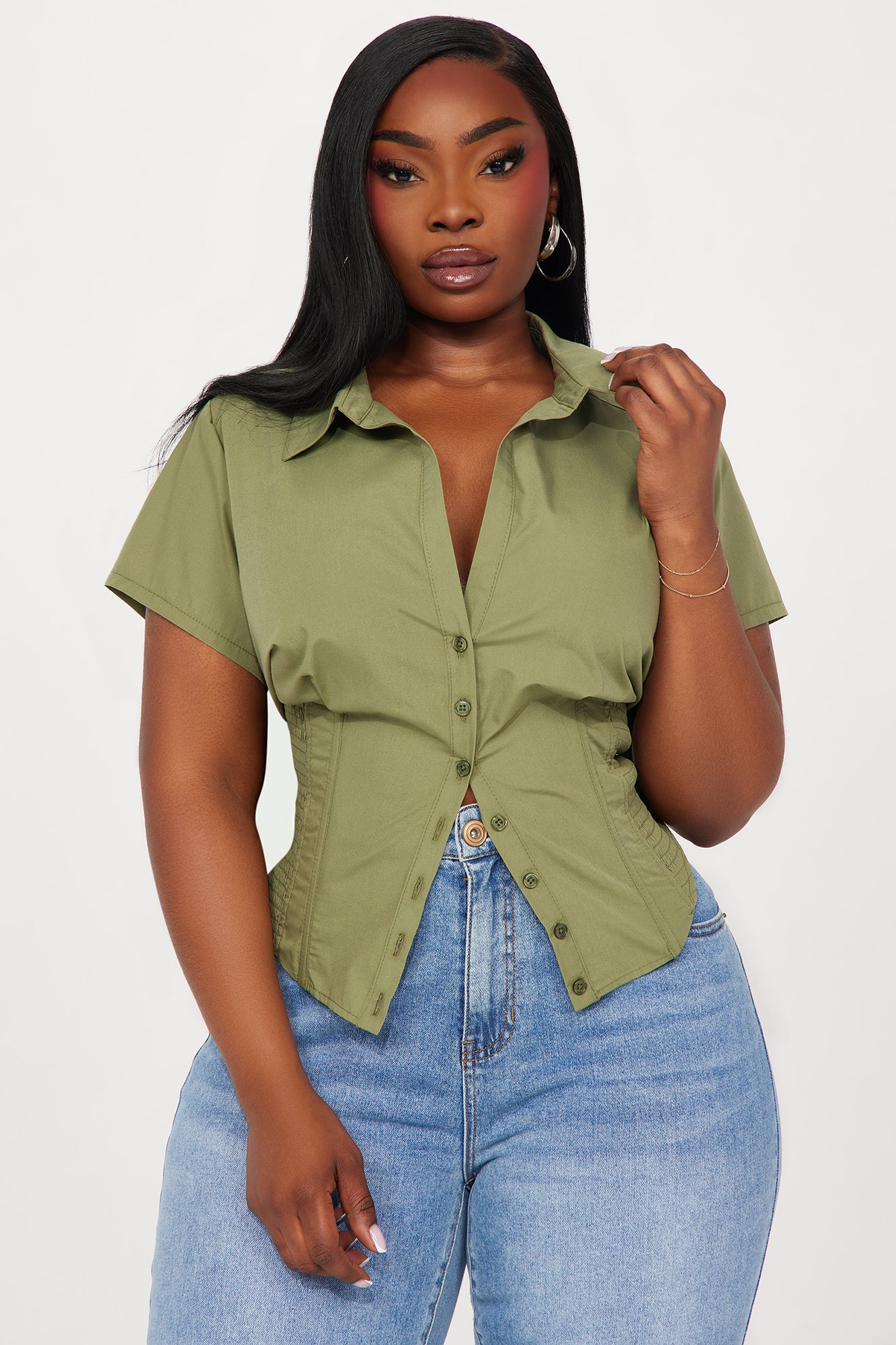 Endless Talks Short Sleeve Corset Top - Olive - Image 4