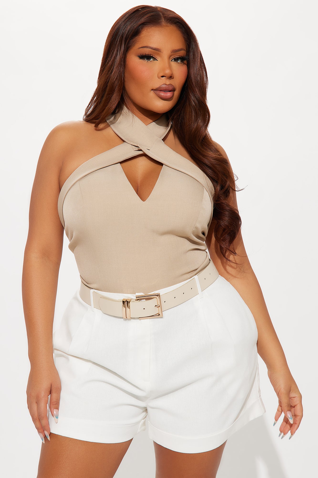 Shannon Crossed Halter Top  - Taupe - Image 4