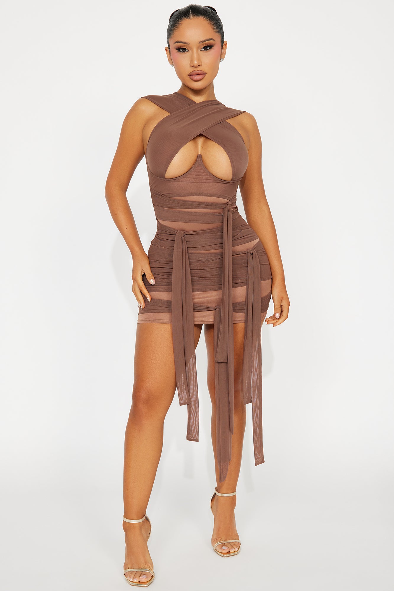 Tied To You Mesh Micro Mini Dress - Brown - Image 4