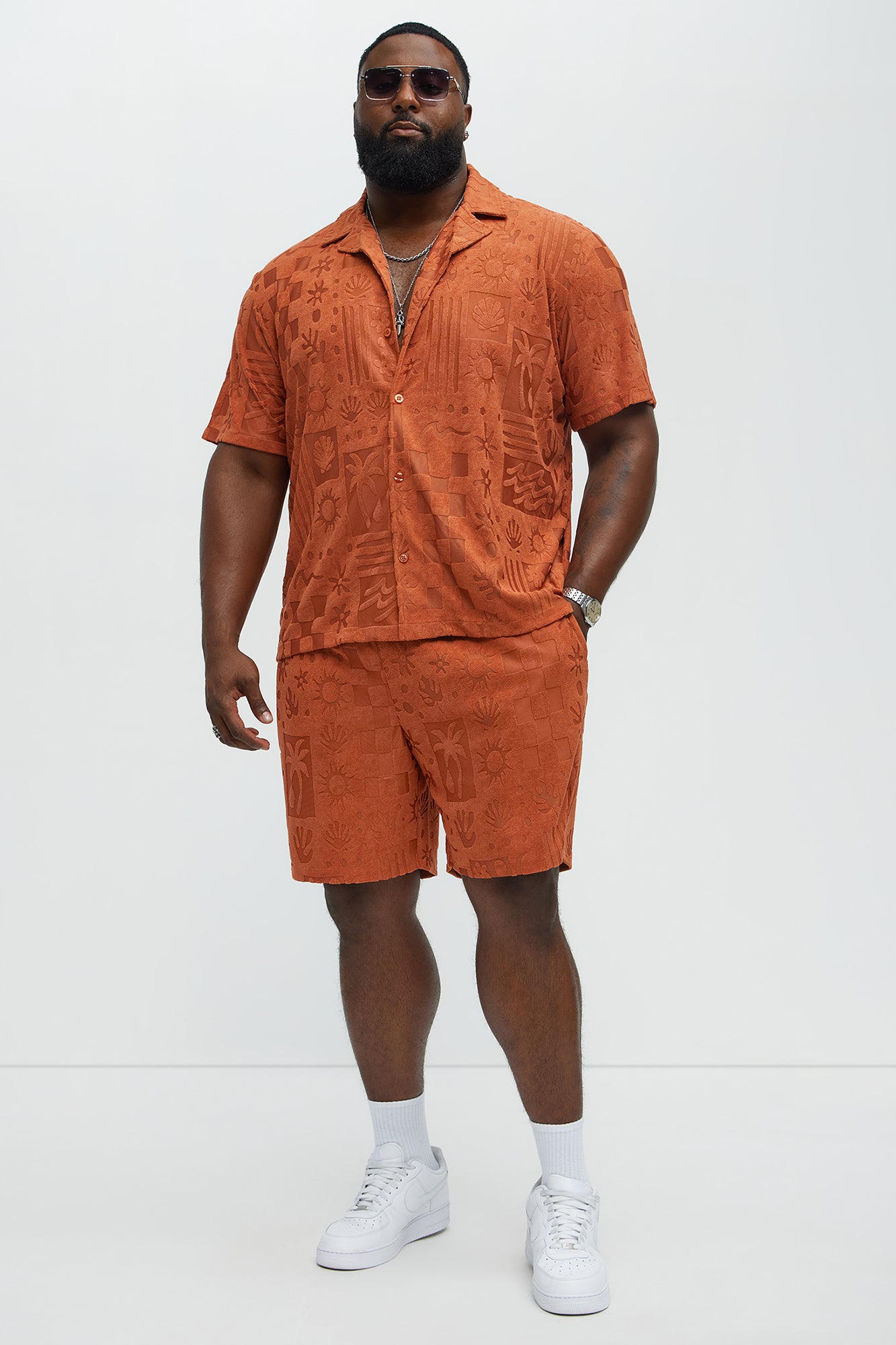 Tropical Trees Jacquard Short Sleeve Button Up Shirt - Rust - Image 6