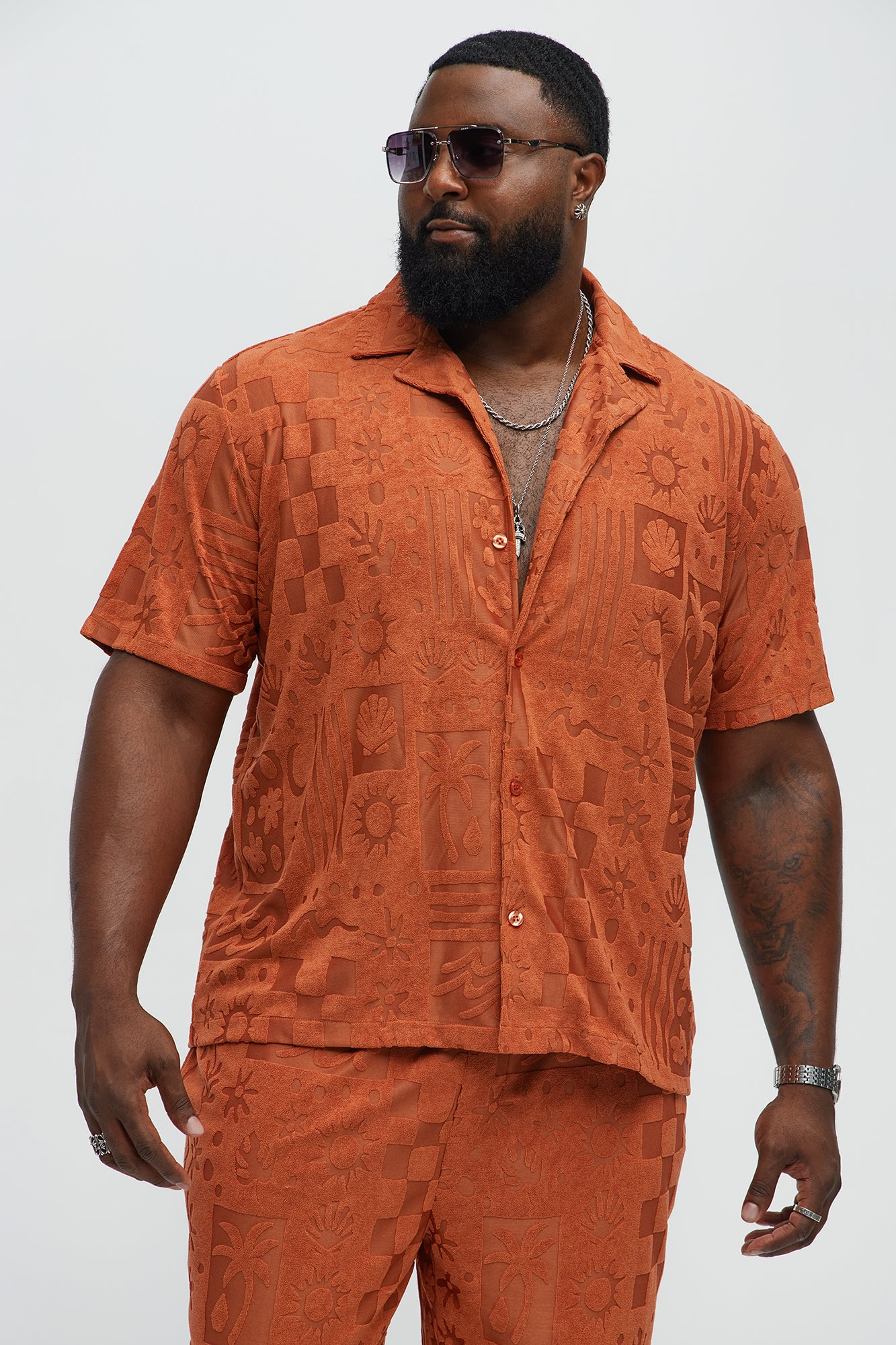 Tropical Trees Jacquard Short Sleeve Button Up Shirt - Rust - Image 5