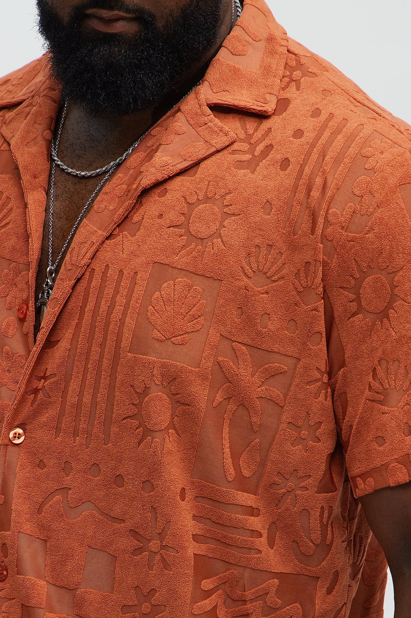 Tropical Trees Jacquard Short Sleeve Button Up Shirt - Rust - Image 7