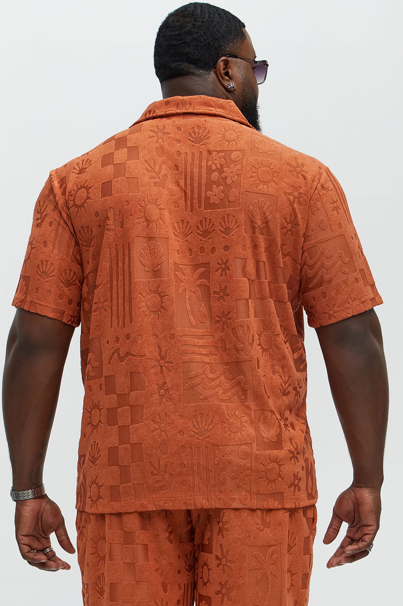 Tropical Trees Jacquard Short Sleeve Button Up Shirt - Rust - Image 8