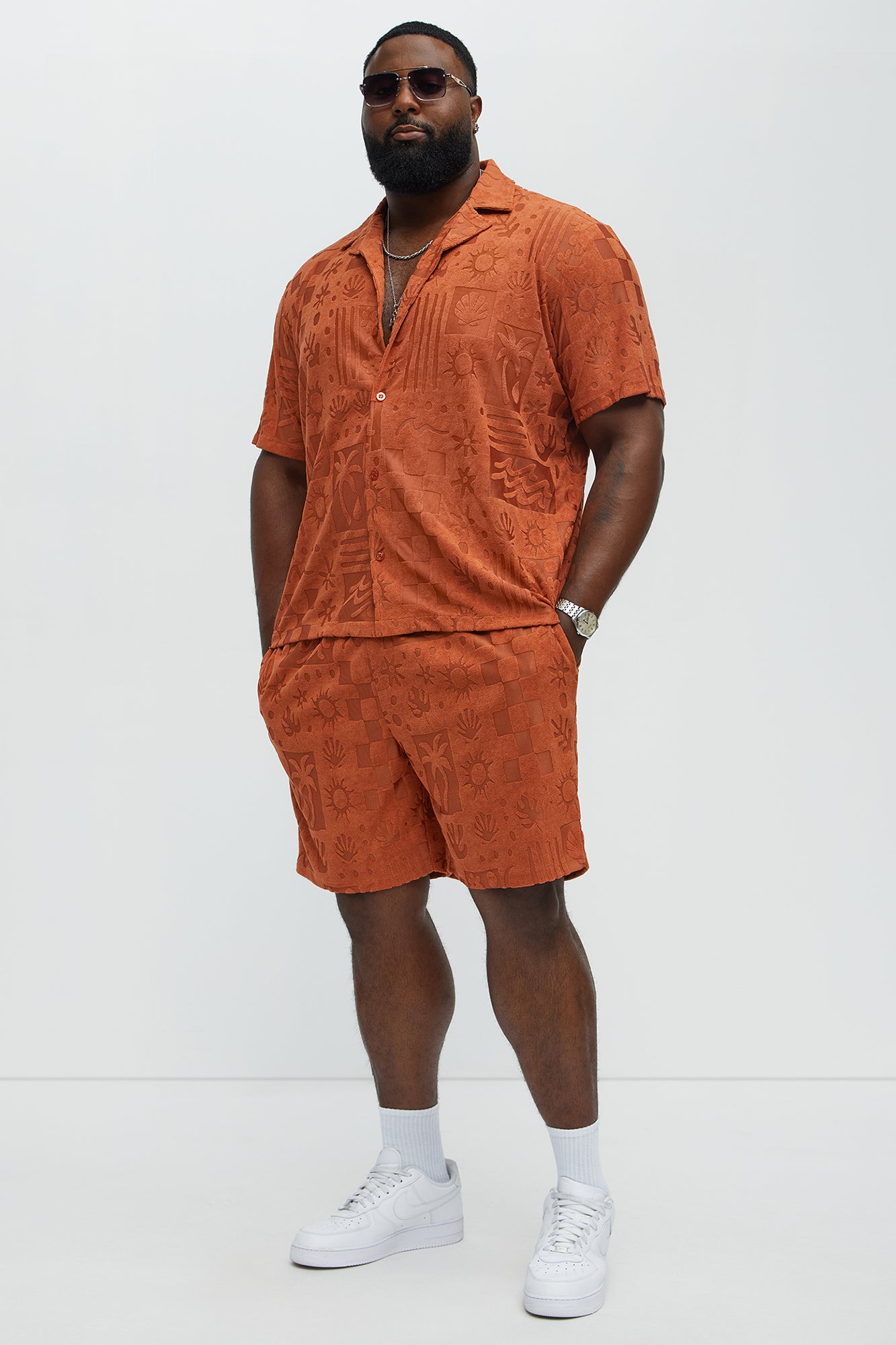 Tropical Terry Fabric Relaxed Shorts - Rust - Image 6