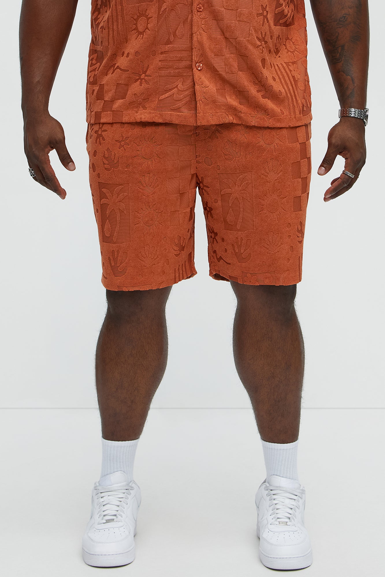 Tropical Terry Fabric Relaxed Shorts - Rust - Image 5