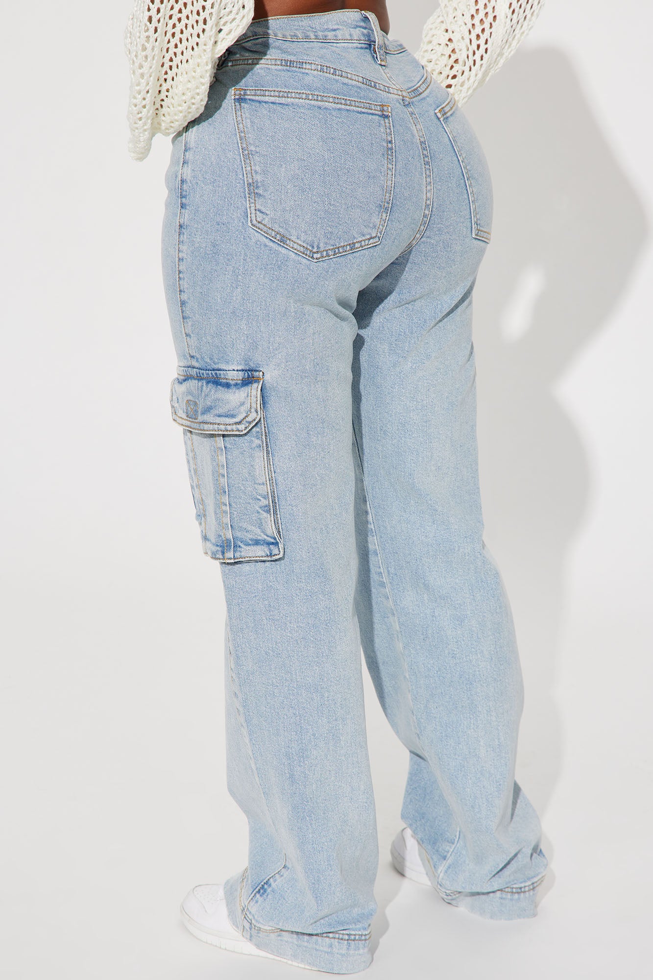 Just A Fling Stretch Straight Leg Cargo Jean - Light Wash - Image 3