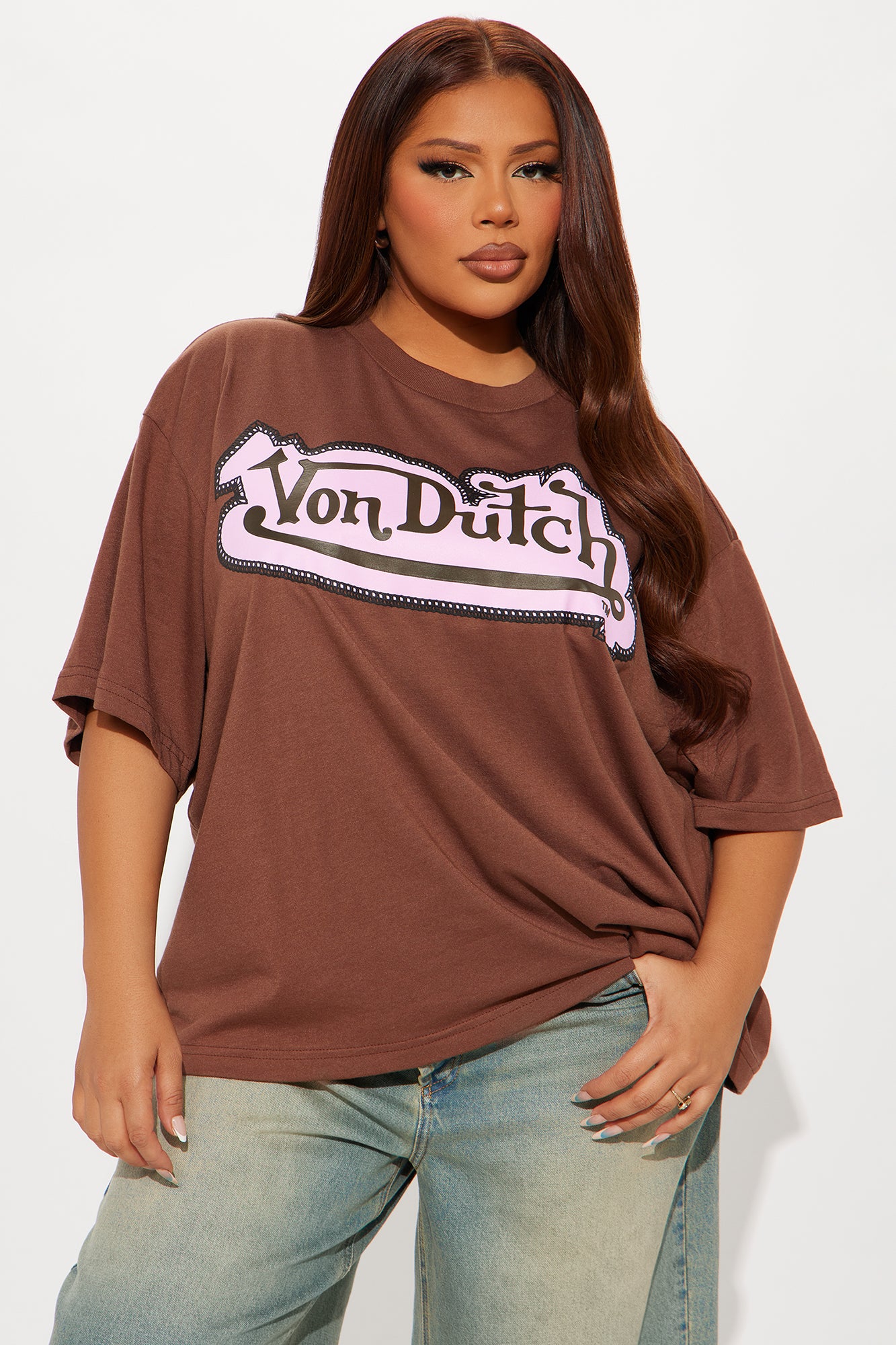 Von Dutch Embroidery Oversized Tee - Brown - Image 4