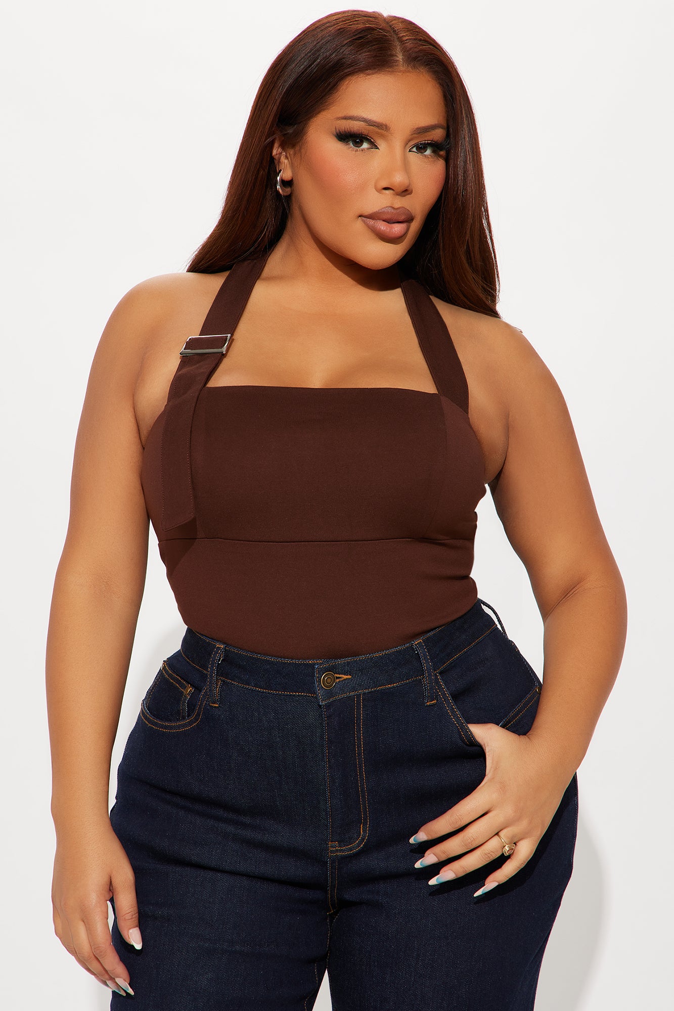 In The Mix Halter Ponte Bodysuit - Brown - Image 7