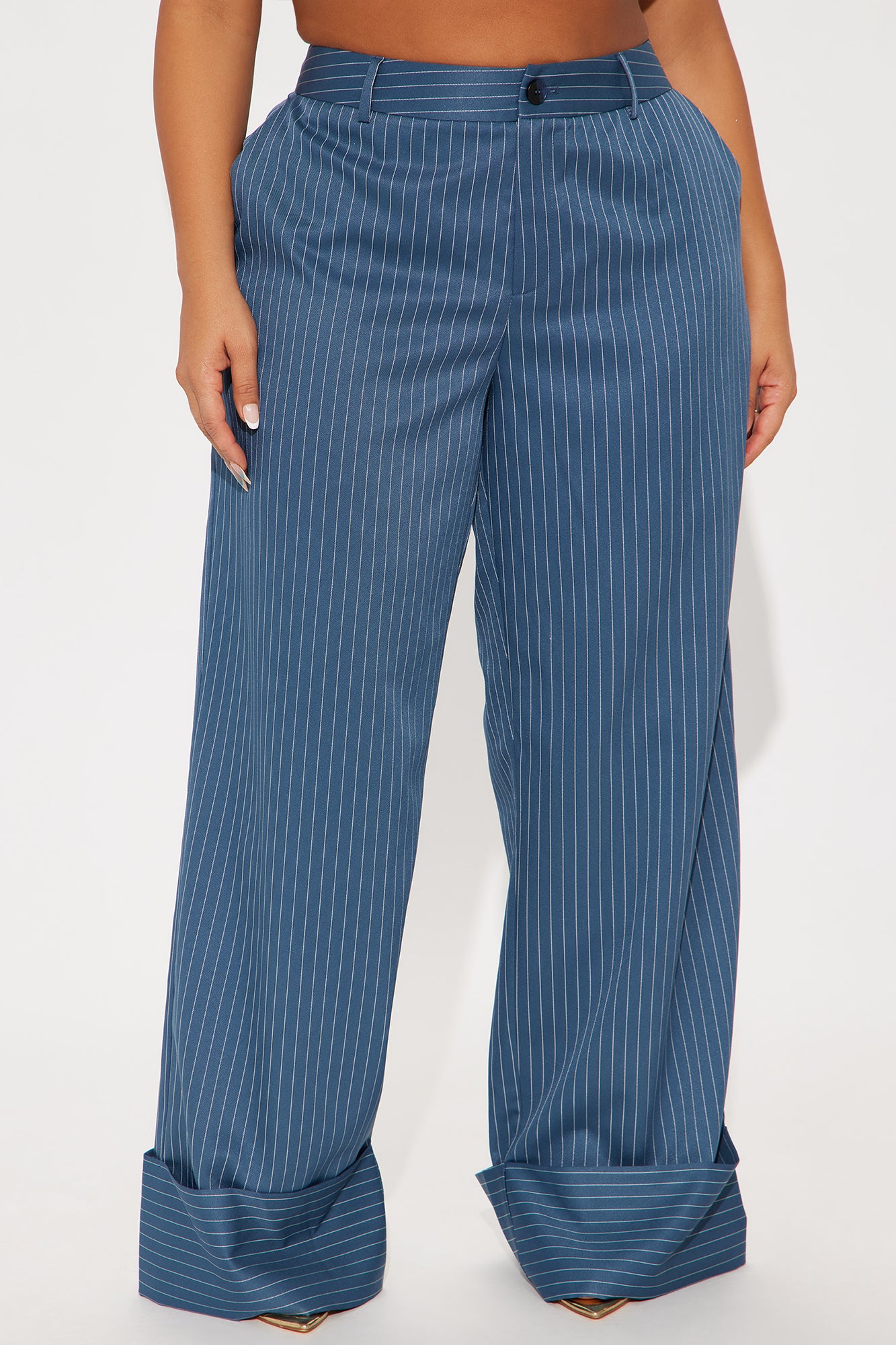 On A Tight Schedule Pinstripe Cuffed Trouser Pant - Blue - Image 5