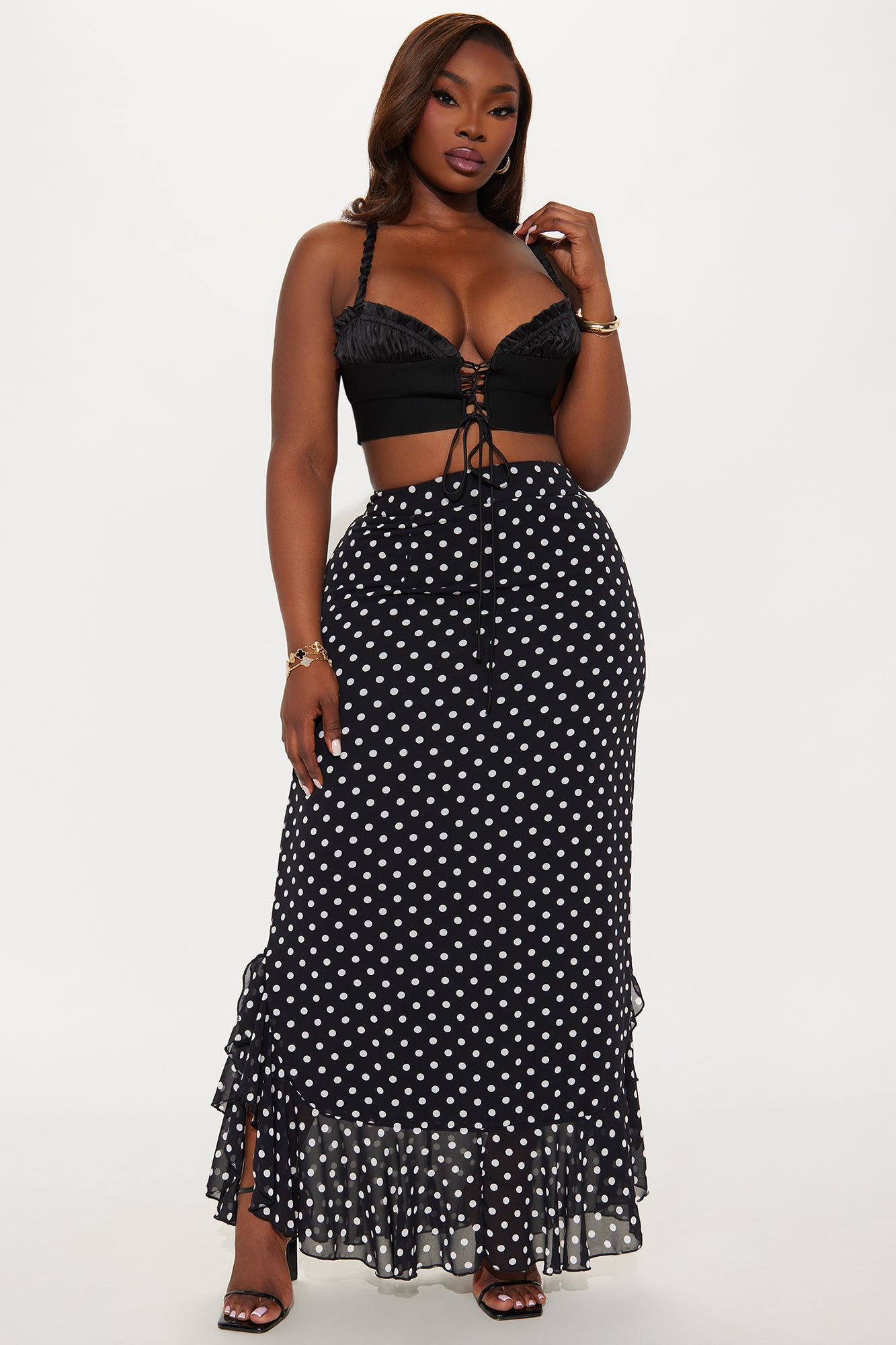 Caitlynn High Rise Polka Dot Ruffle Hem Midi Skirt - Black/White - Image 4