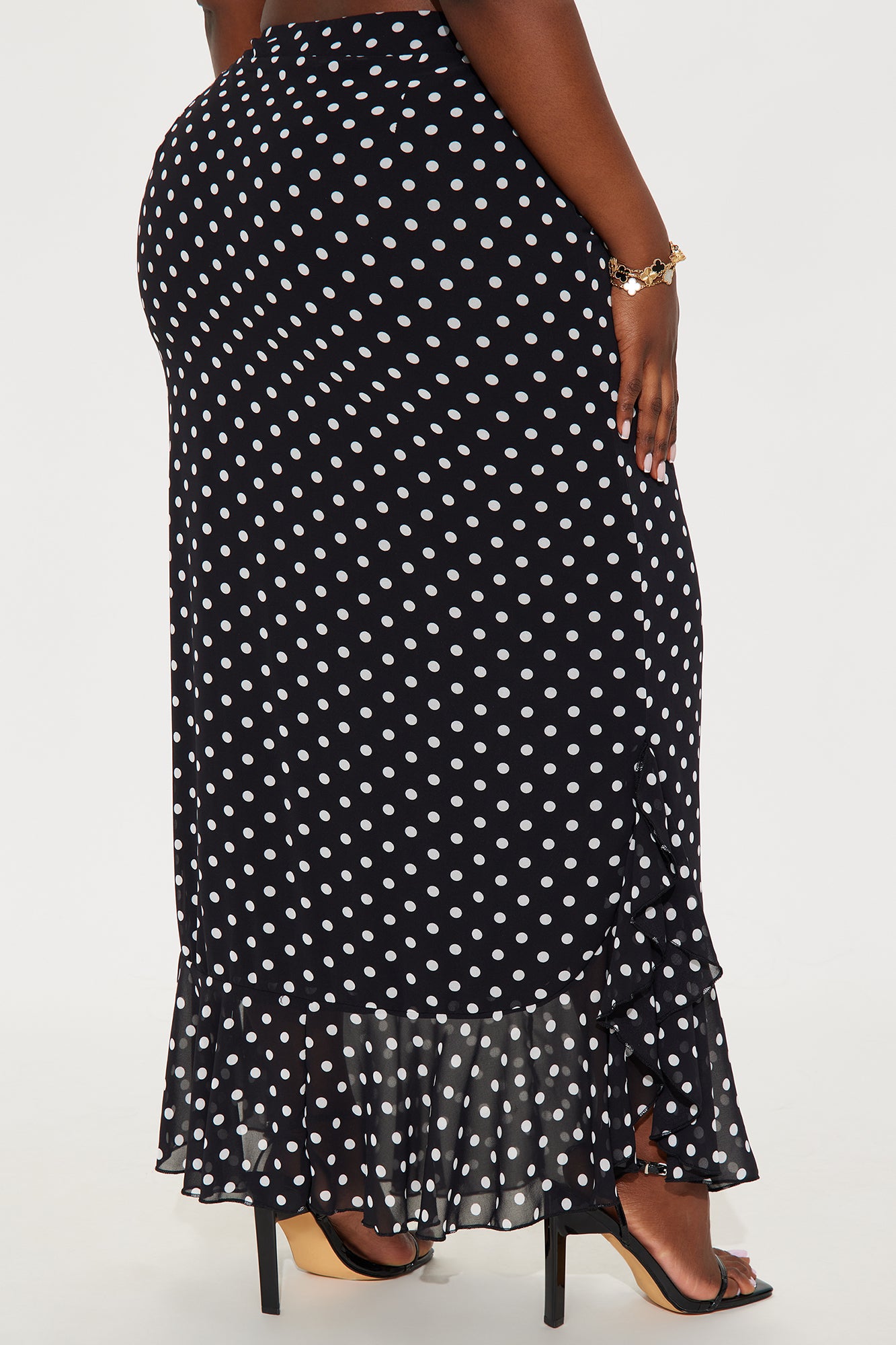 Caitlynn High Rise Polka Dot Ruffle Hem Midi Skirt - Black/White - Image 6