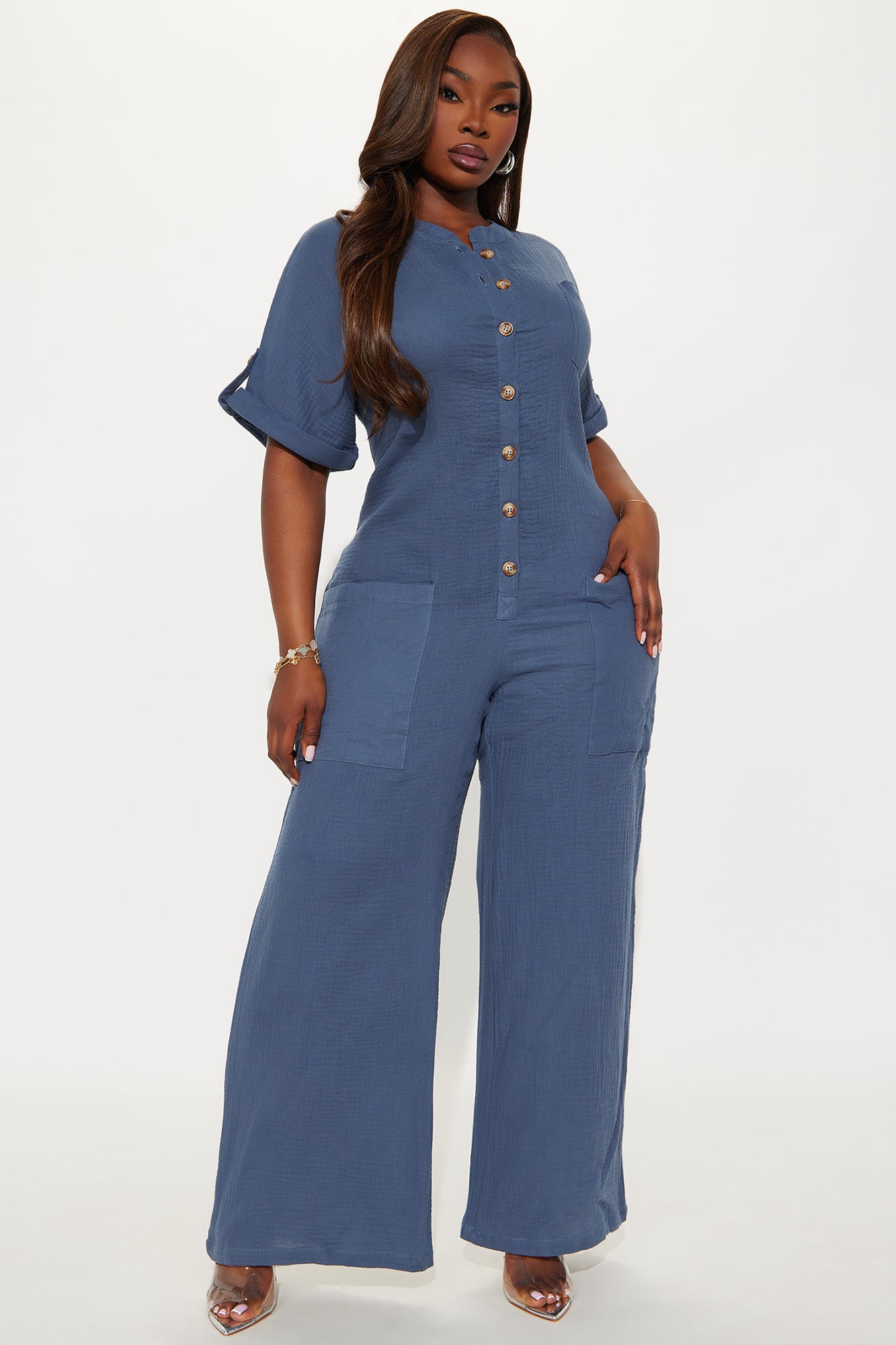 Bethany Button Up Jumpsuit - Slate Blue - Image 4