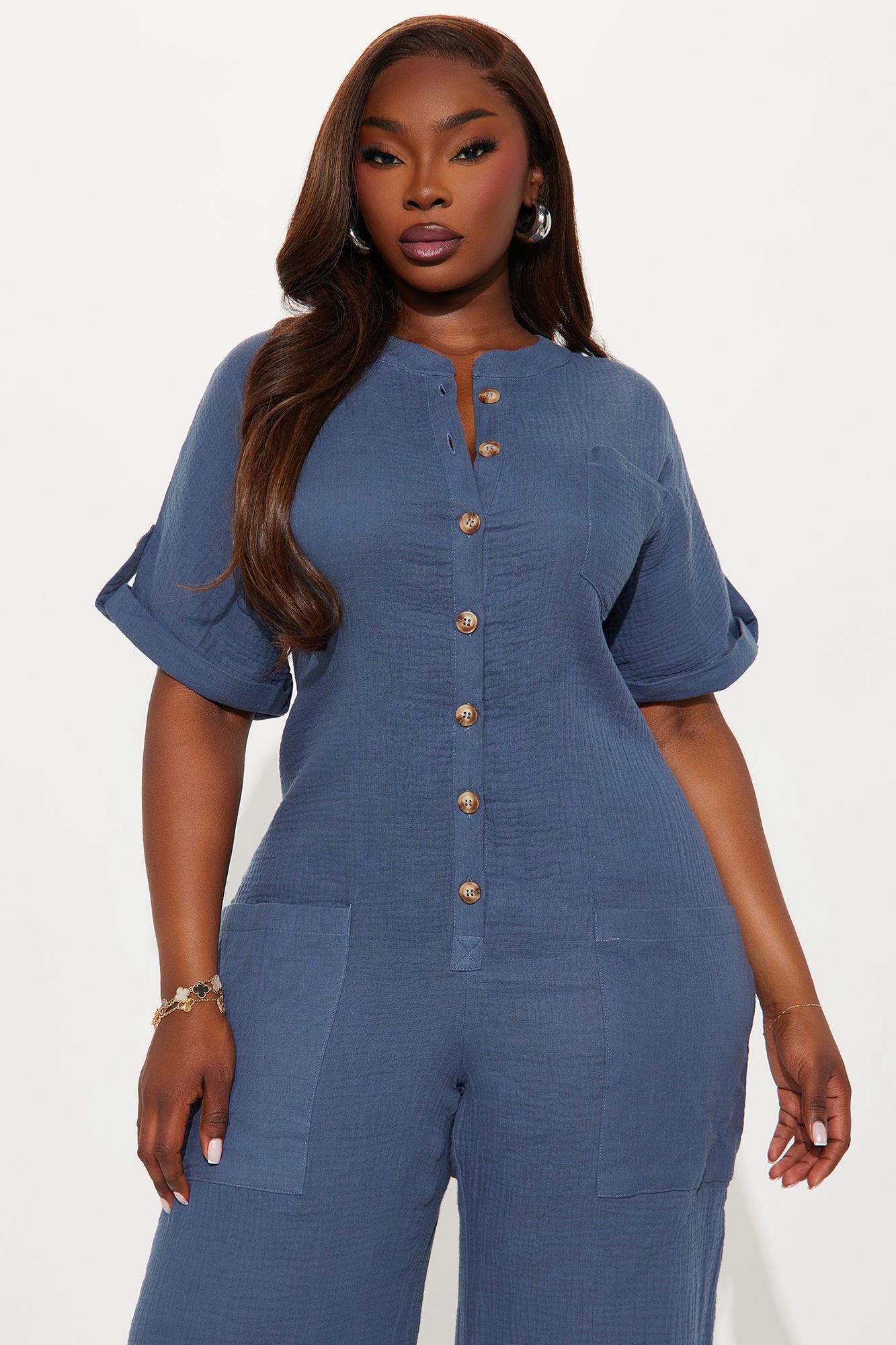 Bethany Button Up Jumpsuit - Slate Blue - Image 5