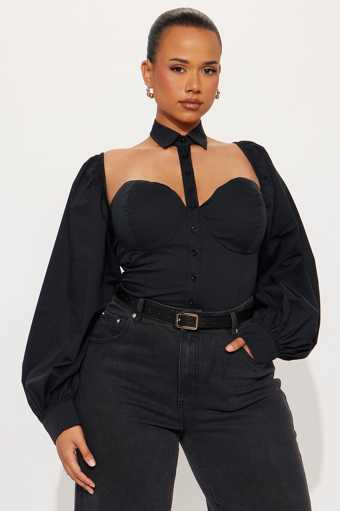 Down To Business Poplin Bodysuit - Black - Image 7