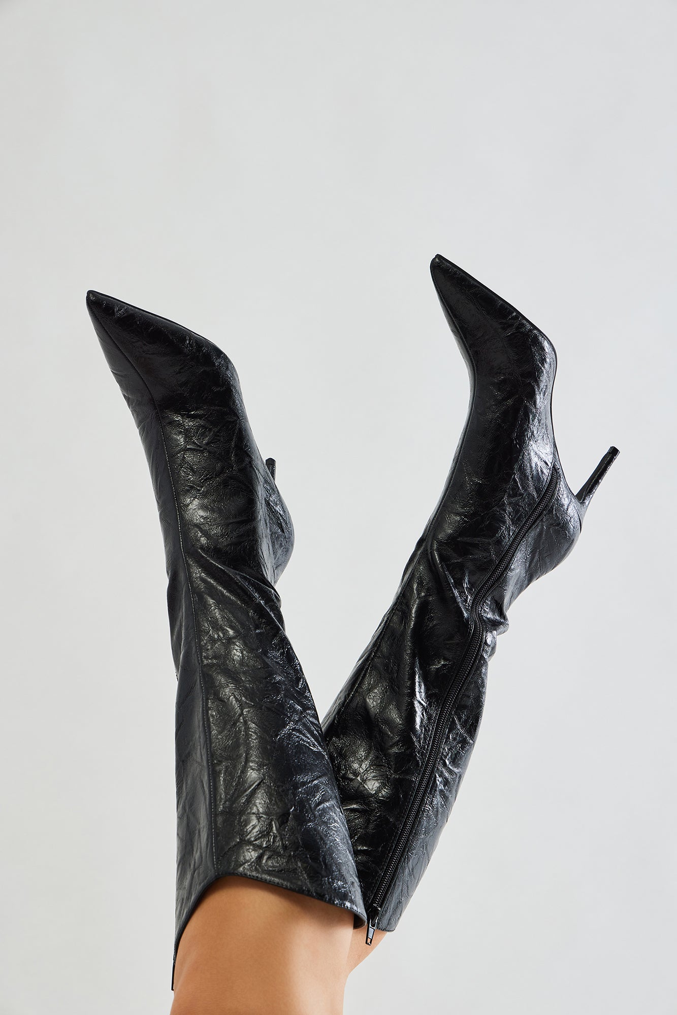 Chicago Distressed Knee High Boots - Black - Image 4